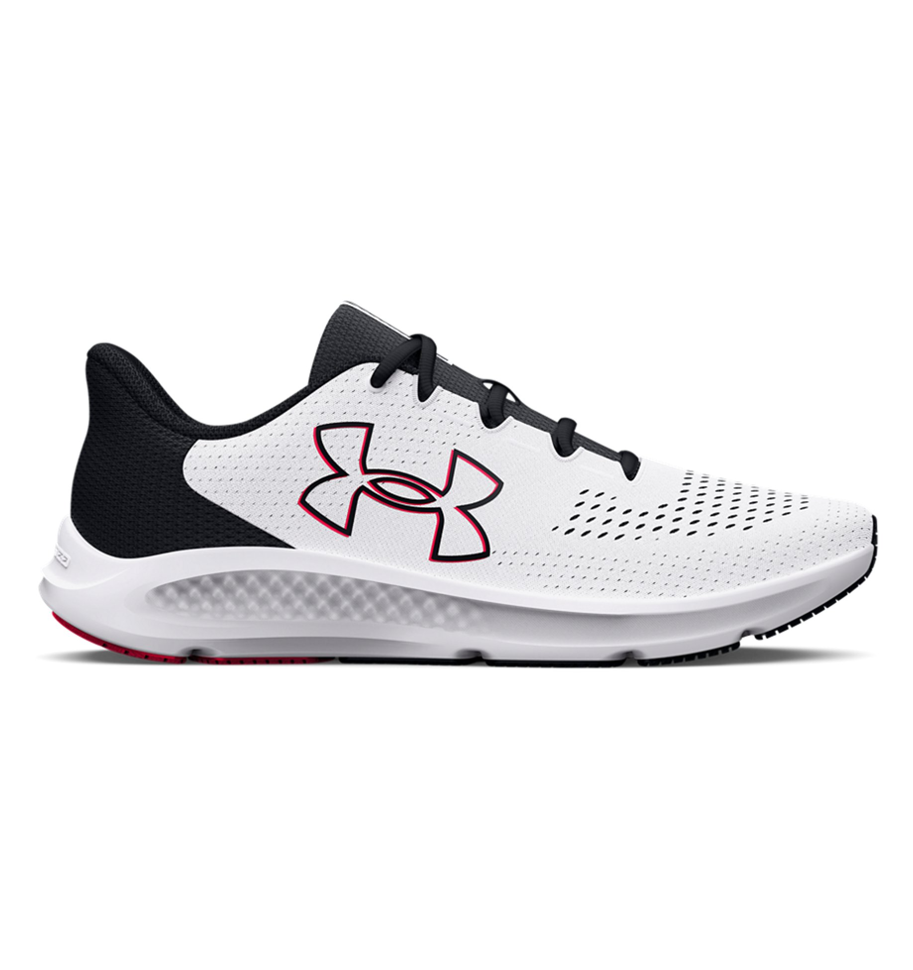 Under Armour UA Charged Pursuit 3 running shoes in white and black with breathable mesh upper and cushioned sole.