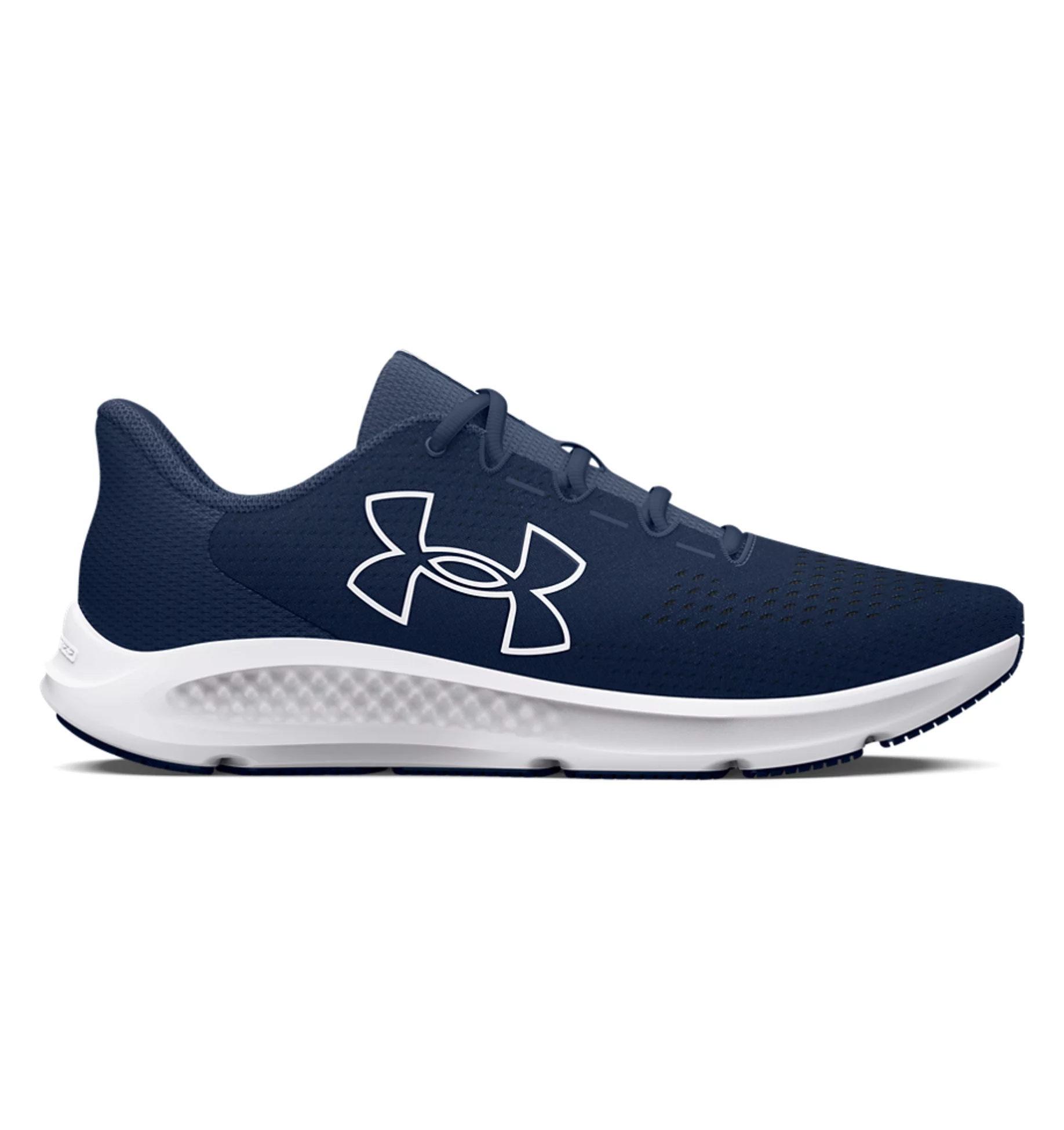 Under Armour UA Charged Pursuit 3 Big Logo Running Shoes in navy, featuring breathable mesh and Charged Cushioning technology.