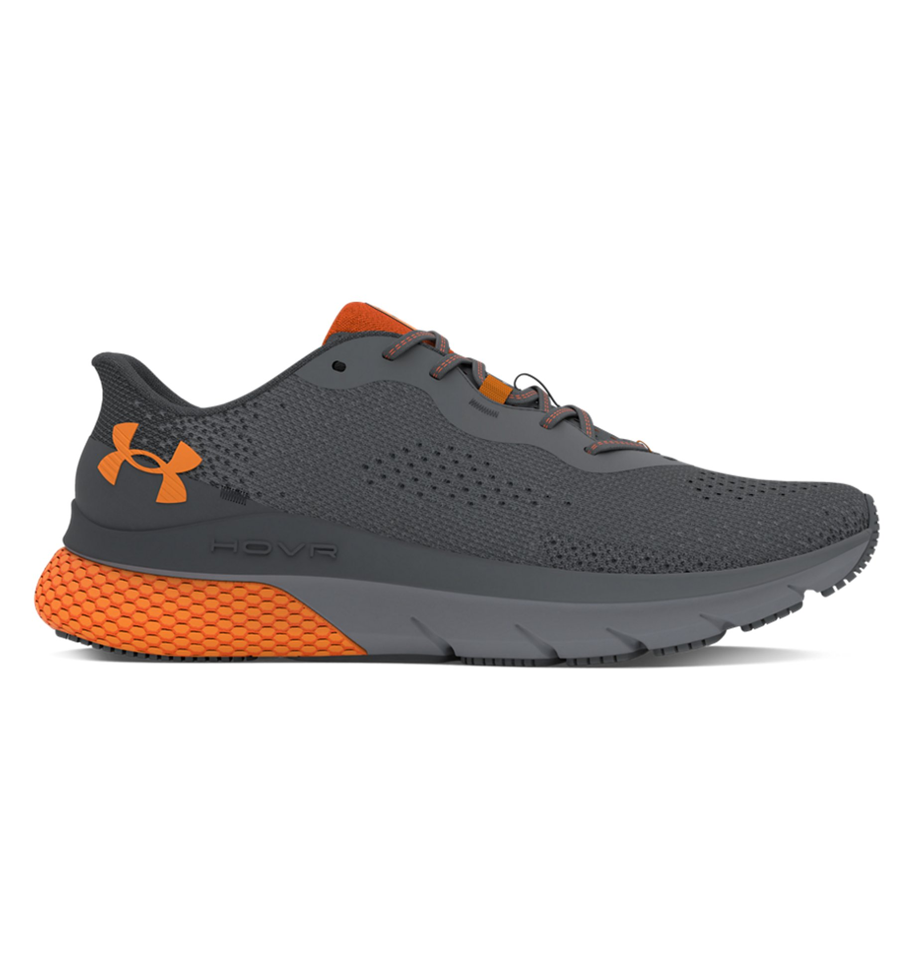 Under Armour Men's UA HOVR Turbulence 2 Running Shoes in gray and orange, featuring breathable knit upper and responsive cushioning.