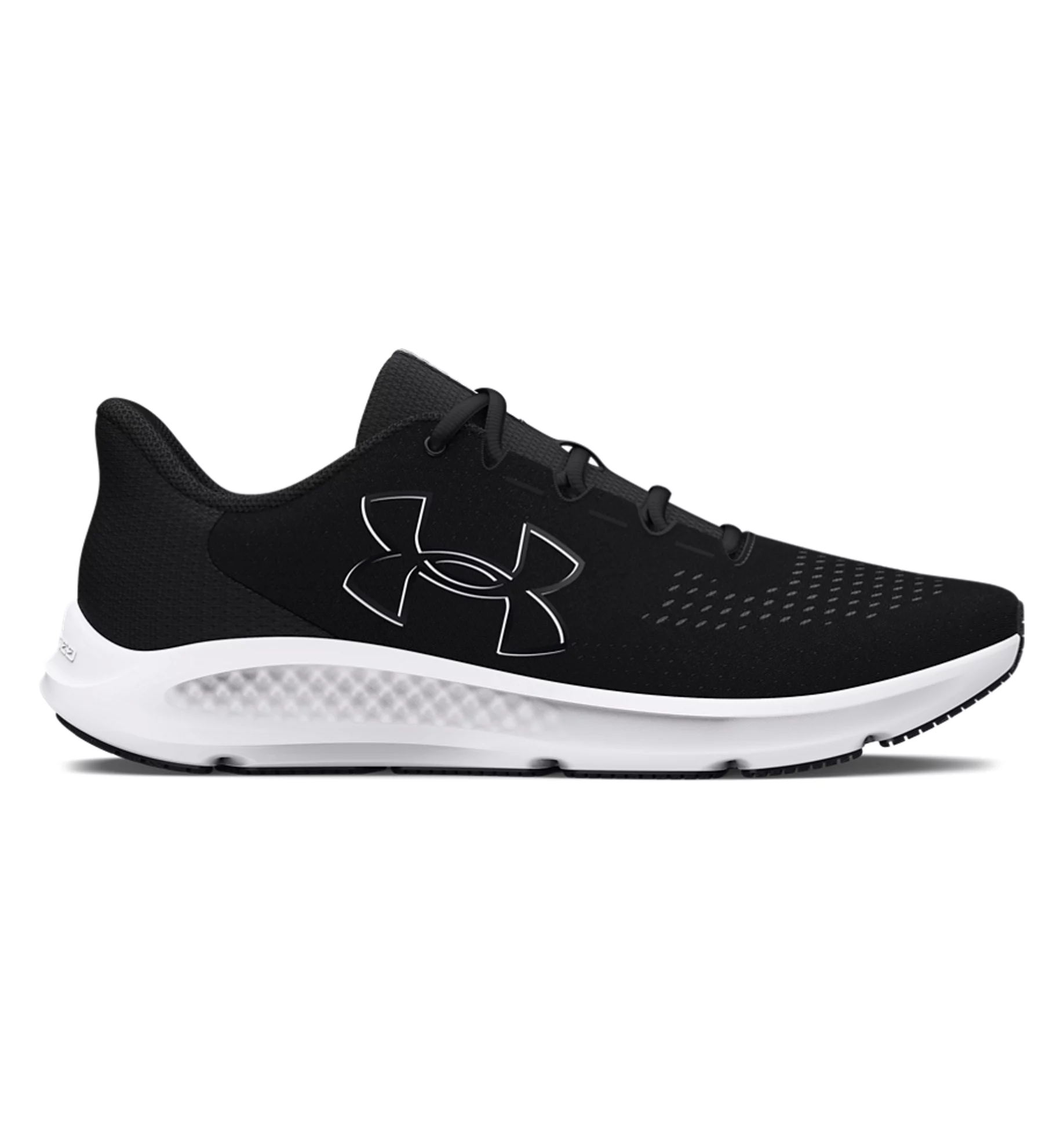 Under Armour Women's UA Charged Pursuit 3 Big Logo Running Shoes in black and white, featuring breathable mesh and cushioning.