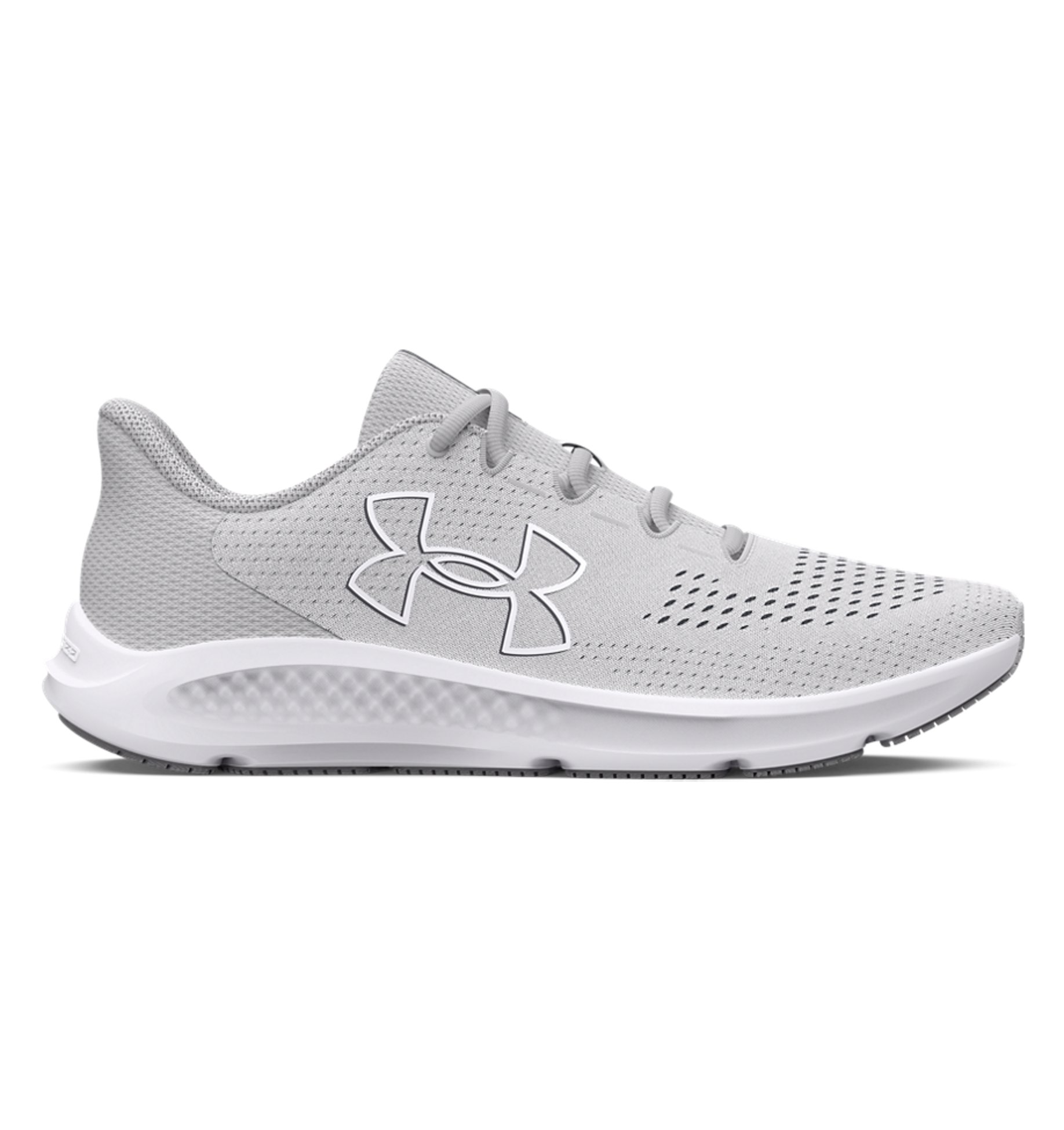 Under Armour Women's UA Charged Pursuit 3 Big Logo Running Shoes in gray, featuring breathable mesh and Charged Cushioning.