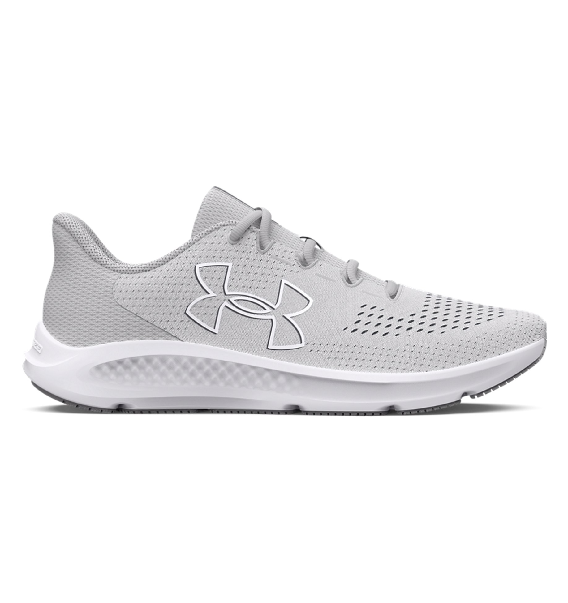 Under Armour Women's UA Charged Pursuit 3 Big Logo Running Shoes in light gray, featuring breathable mesh and cushioned support.