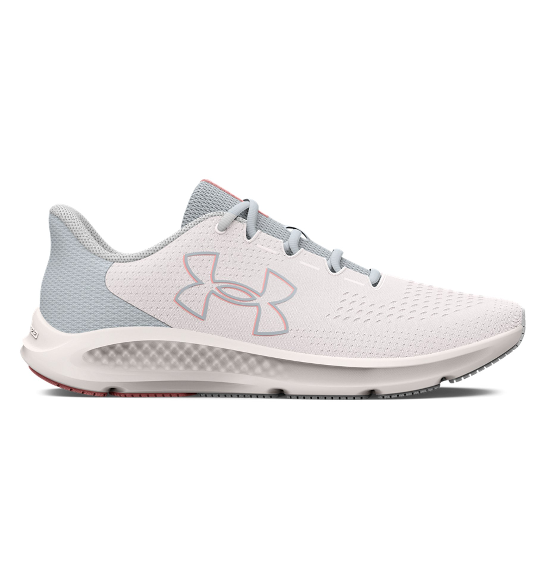 Under Armour Women's UA Charged Pursuit 3 running shoes in white and gray, featuring breathable mesh for comfort and performance.