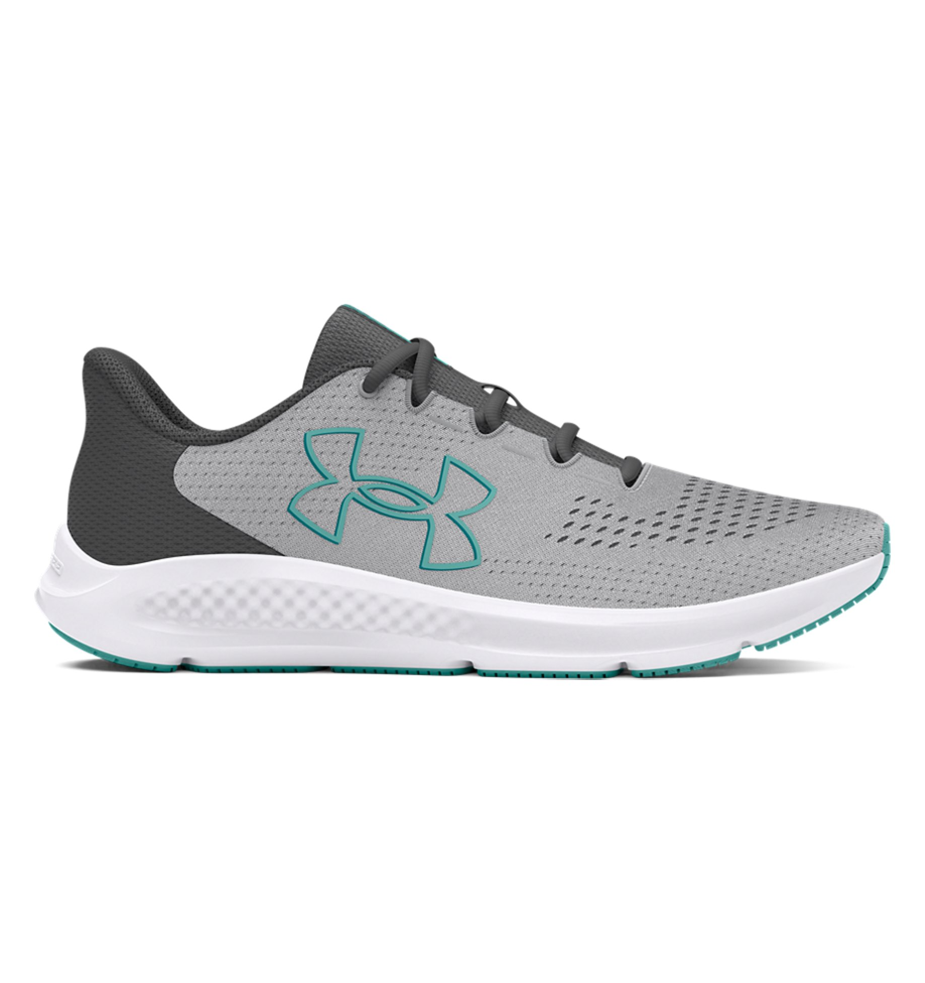 Under Armour Women's UA Charged Pursuit 3 running shoes in gray with big logo, featuring breathable mesh and cushioned support.