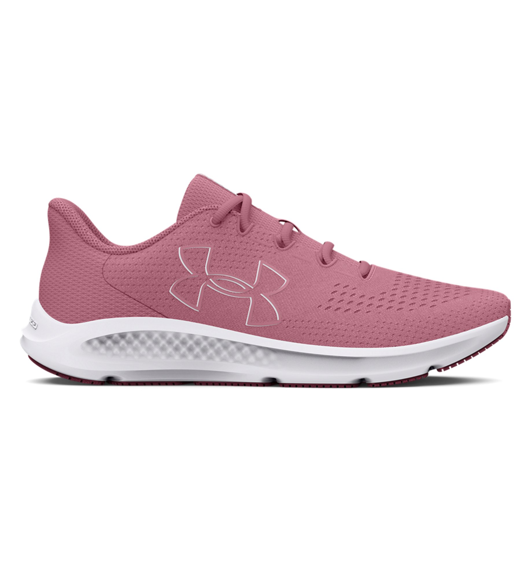 Under Armour Women's UA Charged Pursuit 3 Big Logo Running Shoes in pink, featuring breathable mesh and cushioned support.