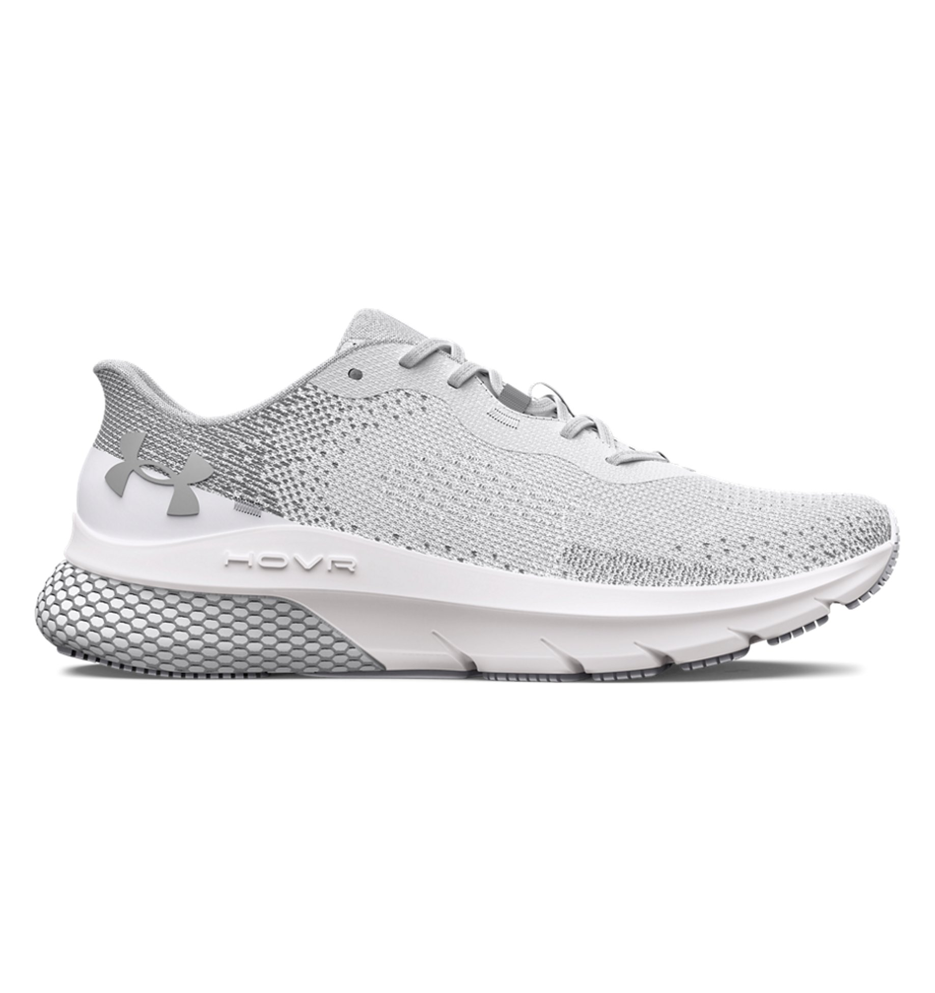 Under Armour Women's UA HOVR Turbulence 2 Running Shoes in light gray with breathable knit upper and responsive cushioning.