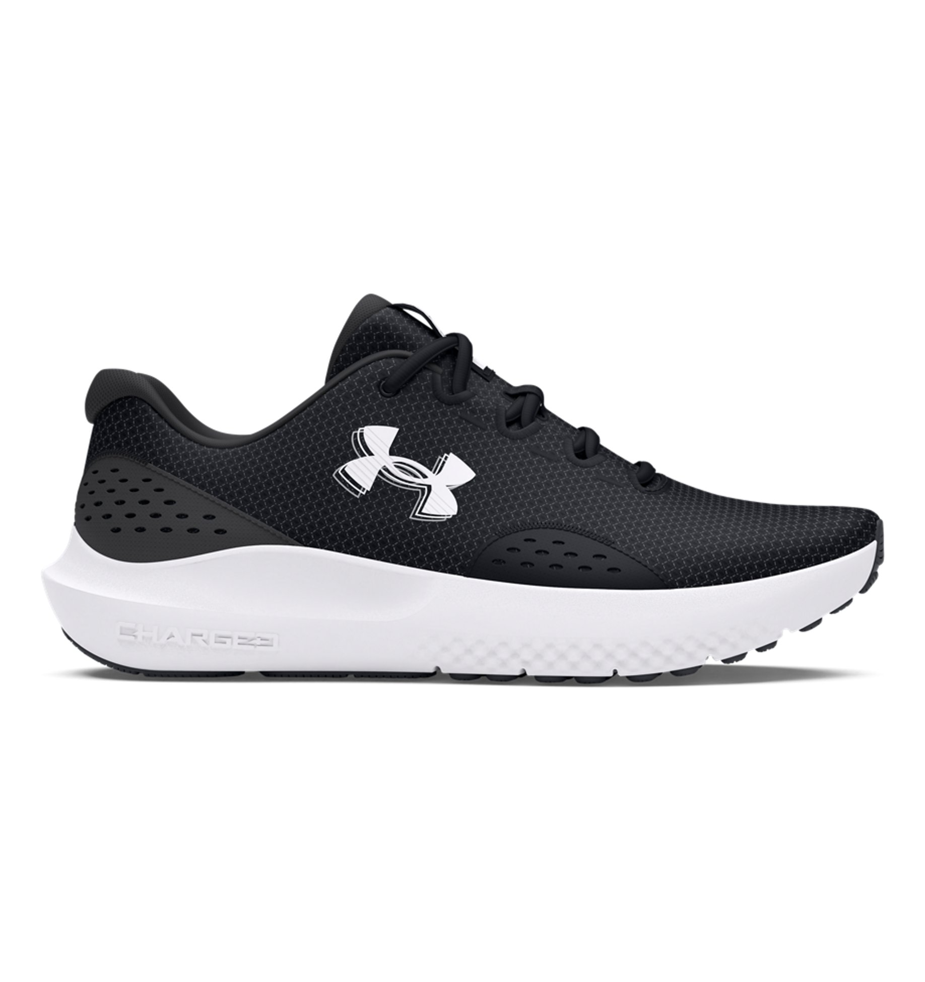 Under Armour UA Surge 4 Running Shoes in black and white, featuring breathable mesh upper and cushioned sole for comfort.