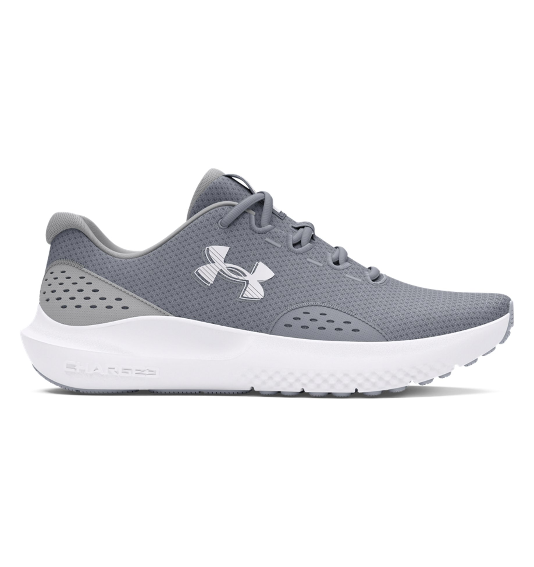 Under Armour UA Surge 4 Running Shoes in grey, featuring a breathable mesh upper and cushioned support for comfort during runs.