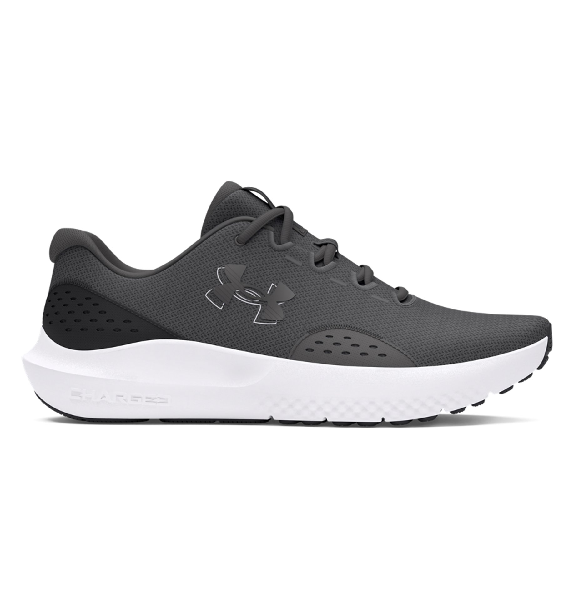 Under Armour UA Surge 4 Running Shoes in black and white, featuring breathable mesh upper and cushioned design for comfort.