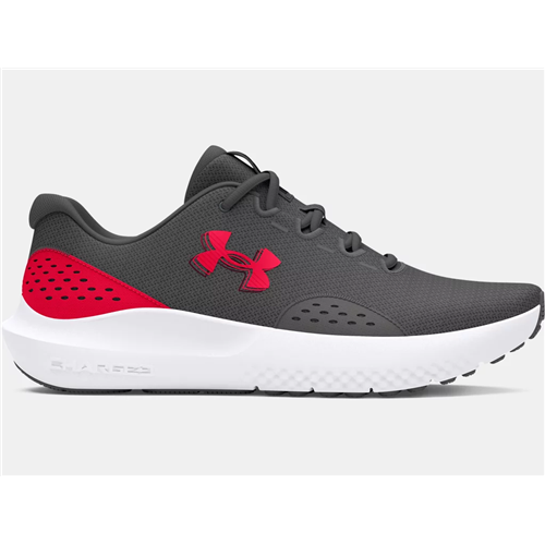 Under Armour UA Surge 4 running shoes in gray and red, featuring breathable mesh and cushioned sole for comfort.