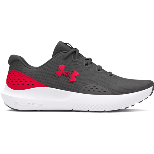 Under Armour UA Surge 4 Running Shoes in gray with red accents, featuring a breathable mesh upper for comfort and support.