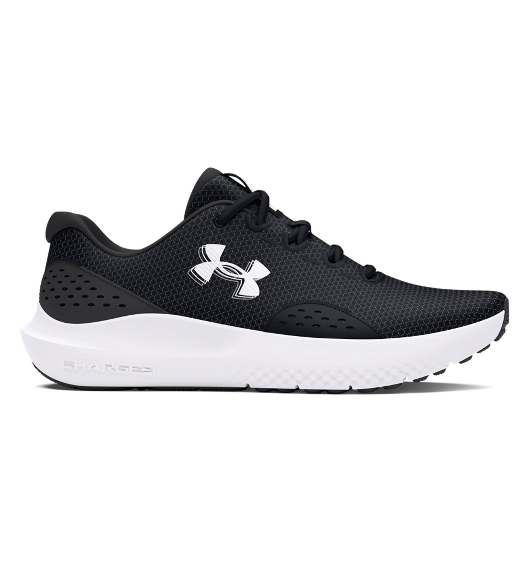 Under Armour UA W Charged Surge 4 Women's running shoes in black and white, featuring breathable mesh and durable outsole.