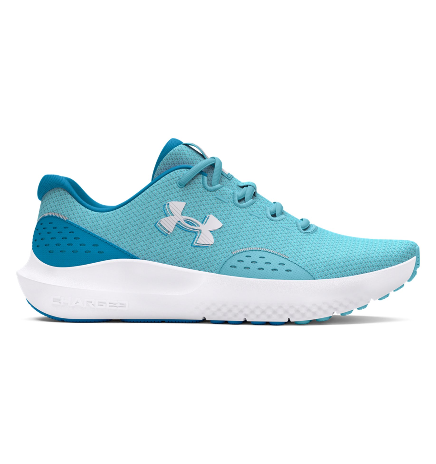 Under Armour UA W Charged Surge 4 running shoes in blue, featuring breathable mesh and Charged Cushioning midsole for comfort.