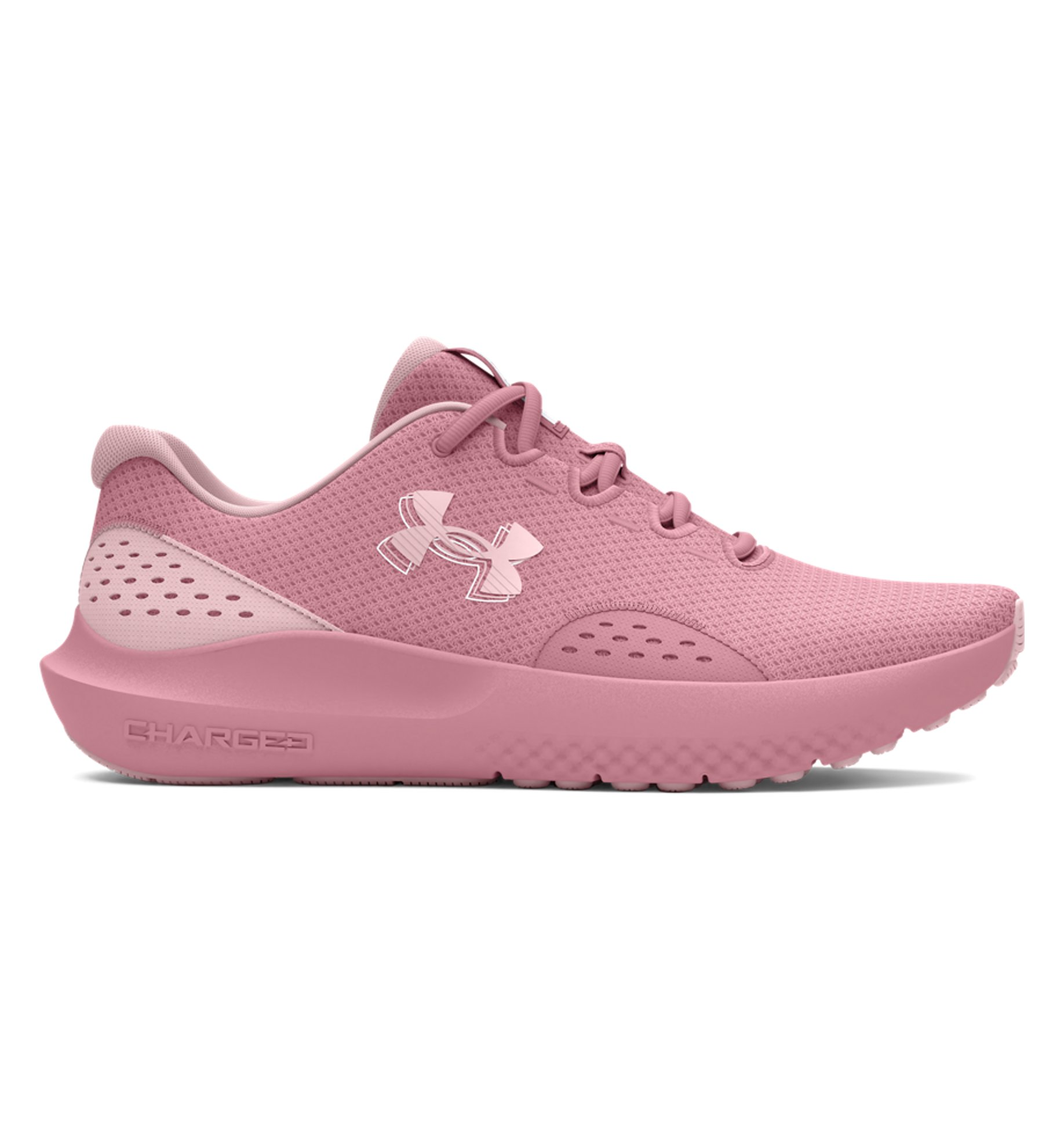 Under Armour UA W Charged Surge 4 women's running shoes in pink with breathable mesh upper and durable rubber outsole.