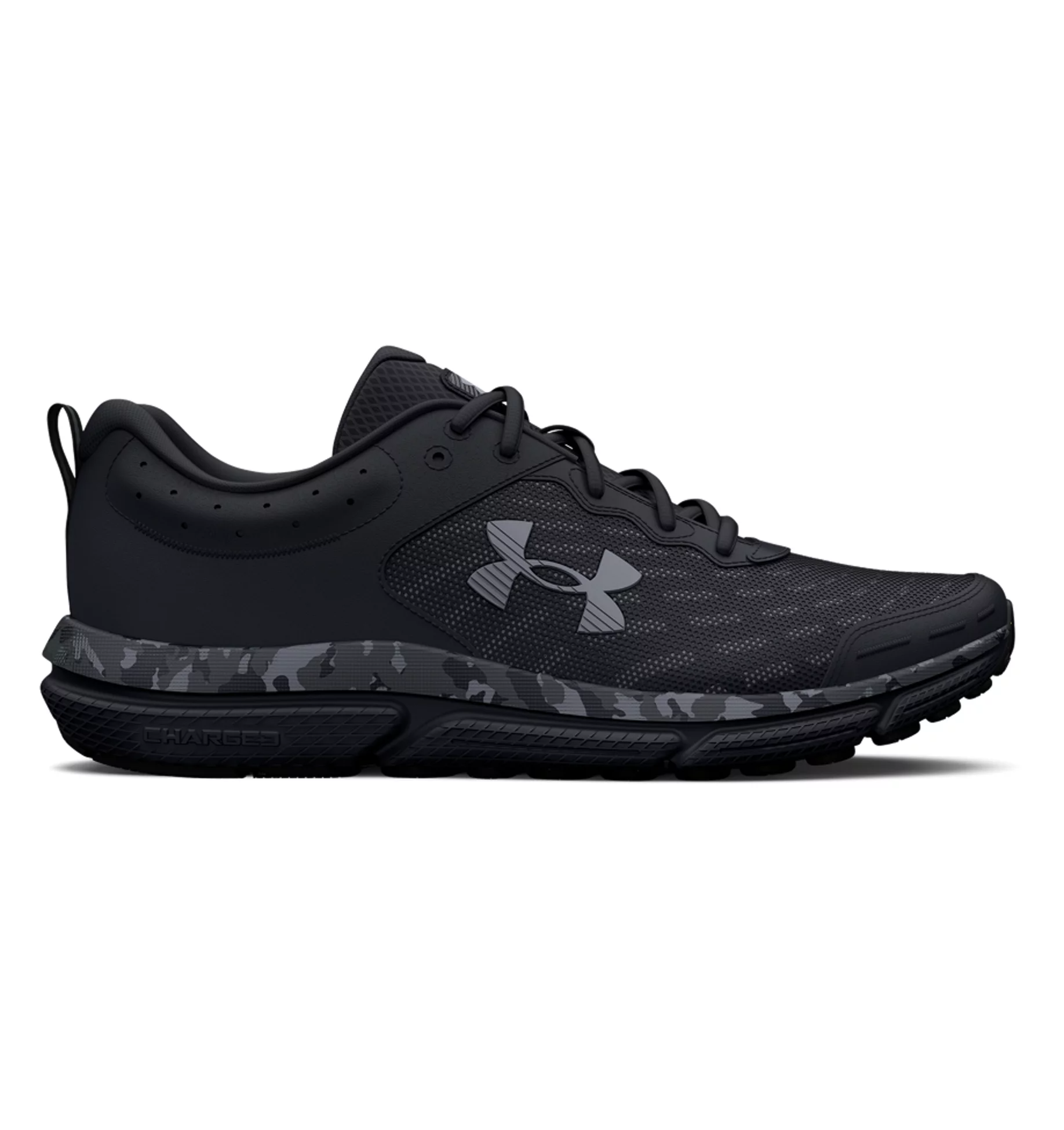 Under Armour UA Charged Assert 10 Camo Running Shoes in black, featuring breathable mesh upper and Charged Cushioning midsole.