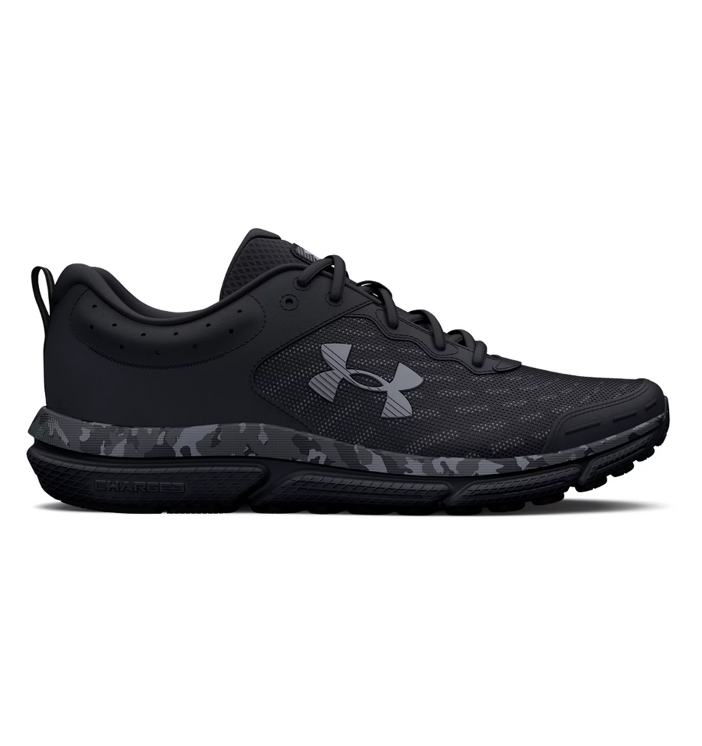 Under Armour UA Charged Assert 10 Camo Running Shoes in black with breathable mesh upper and durable design for optimal comfort.