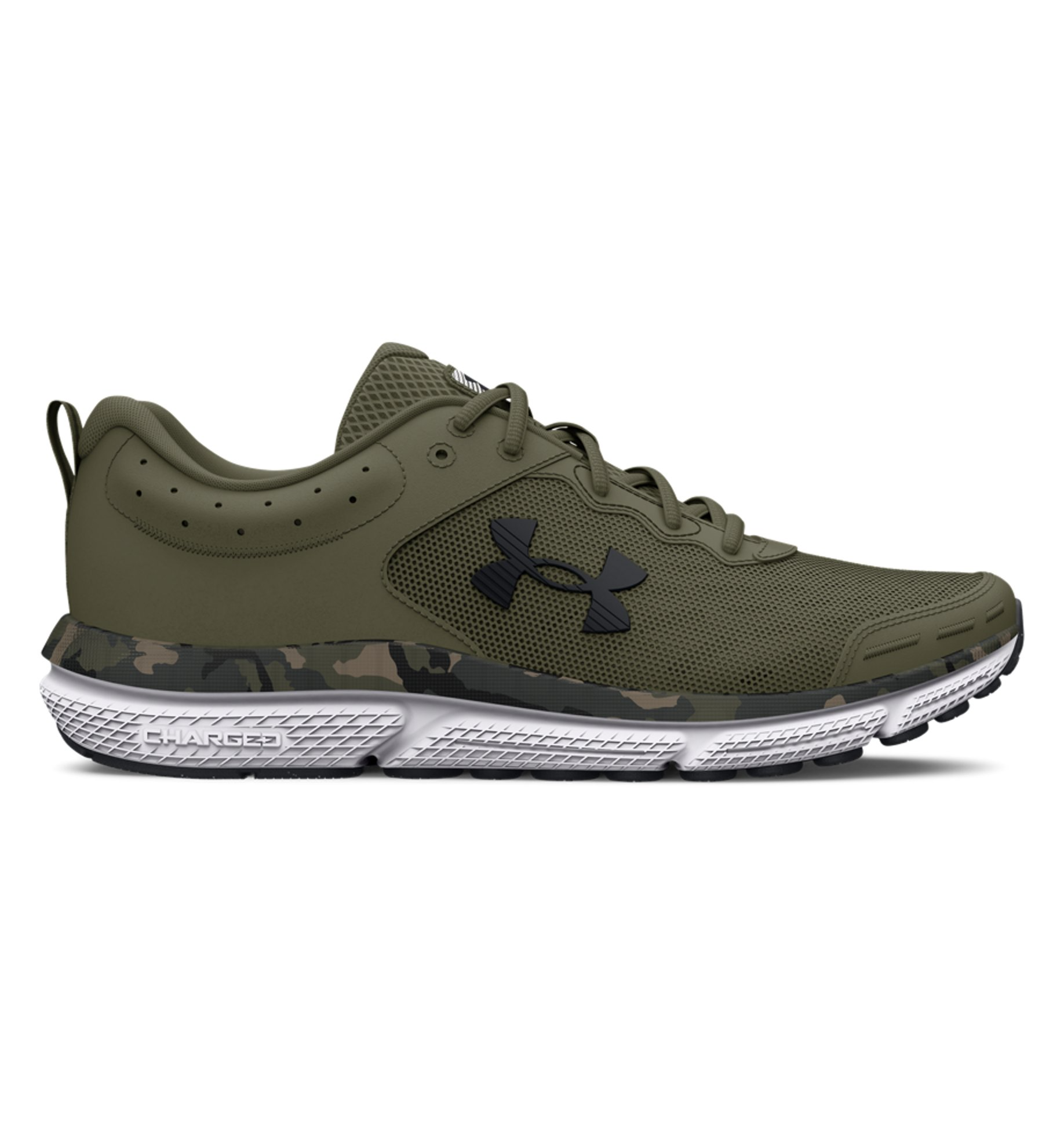 Under Armour UA Charged Assert 10 Camo Running Shoes in green and black, featuring breathable mesh and Charged Cushioning.