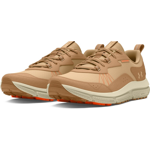 Under Armour Men's UA Charged Verssert Speckle 2 Running Shoes in beige with orange accents, featuring a breathable upper and cushioned midsole.