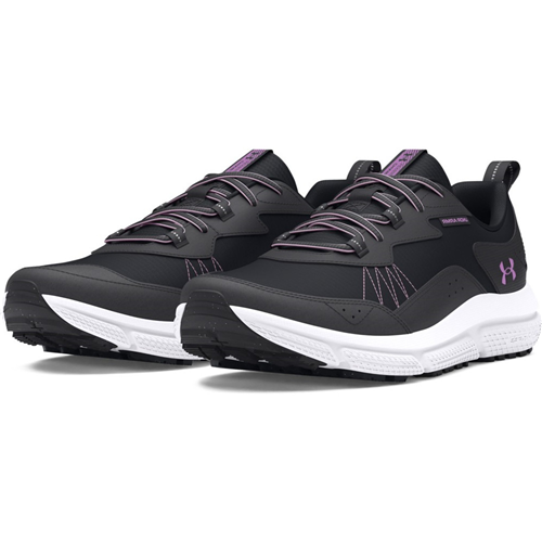 Under Armour Women's UA Charged Verssert Speckle 2 Running Shoes in black and purple, featuring a breathable upper and cushioned sole.