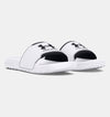 Under Armour Men's UA Ignite Select Slides in white and black, offering premium comfort for post-workout relaxation.