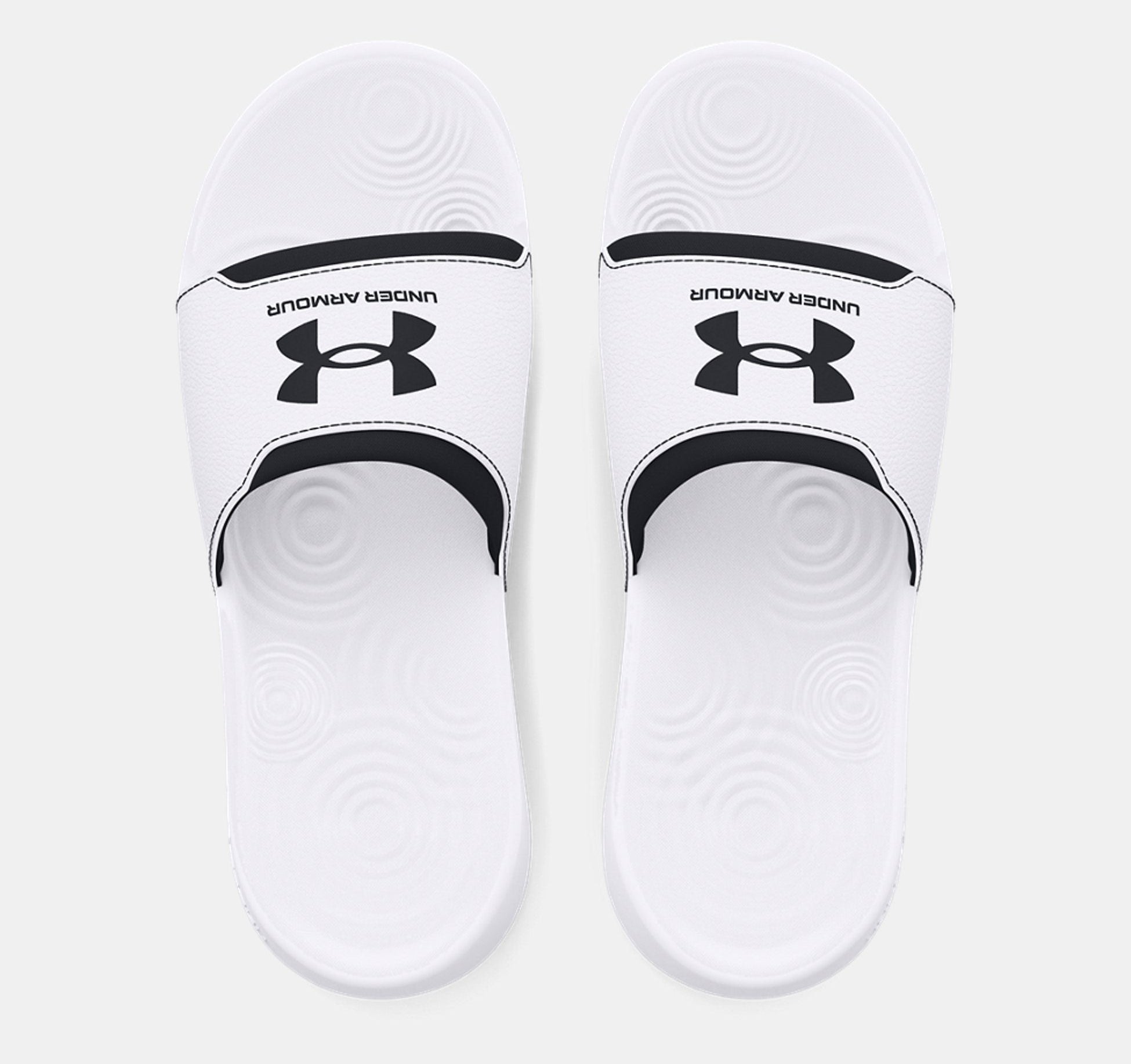 Under Armour Men's UA Ignite Select Slides in white with black logo, ideal for post-workout comfort and casual wear.