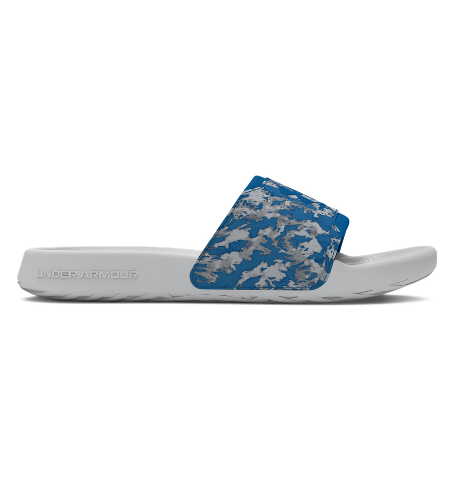 Under Armour Men's UA Ignite Select Slides in blue and white, designed for comfort and style after workouts.