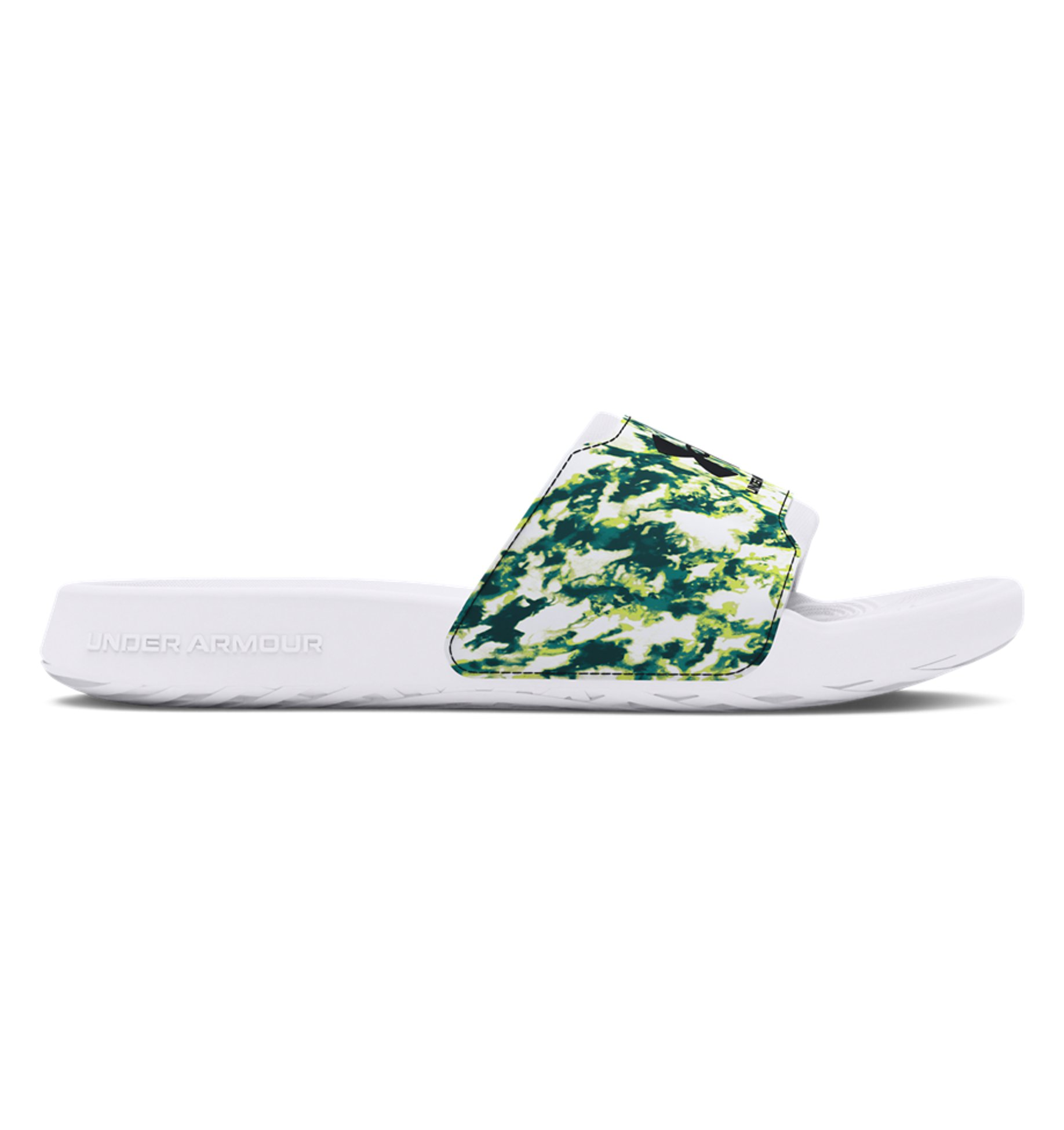 Under Armour Men's UA Ignite Select Slides in green and white, perfect for post-workout comfort and casual outings.