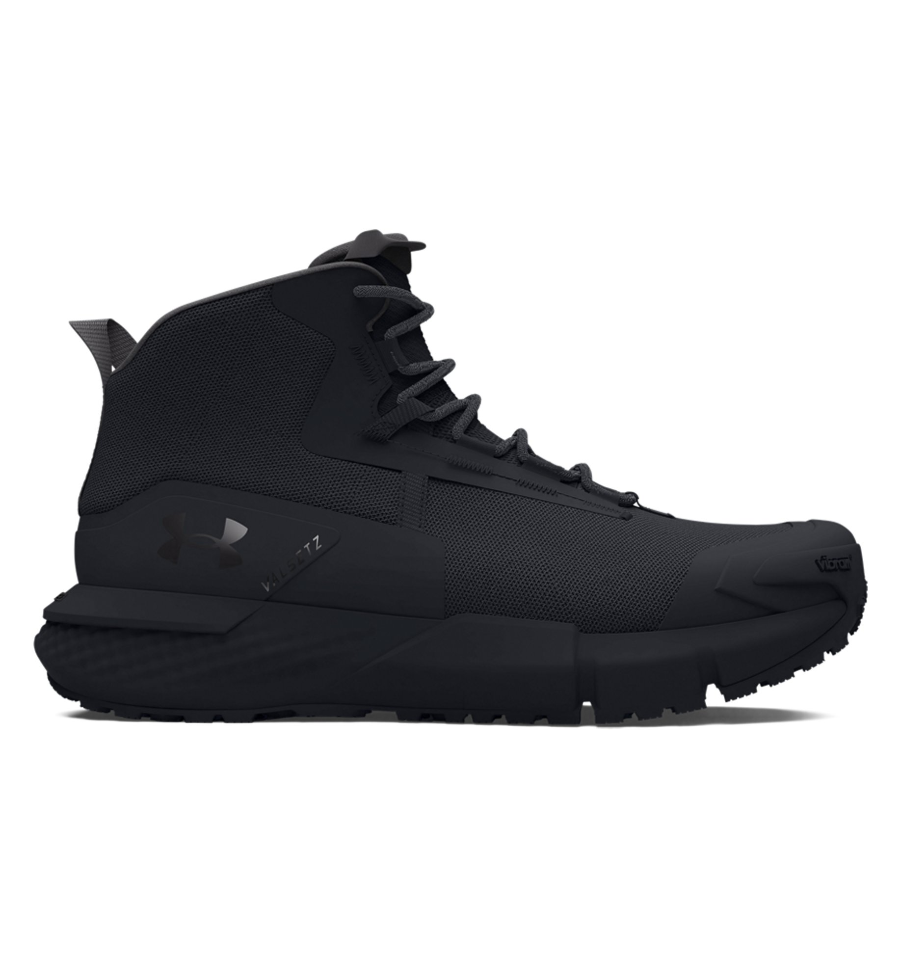 Under Armour UA Charged Valsetz Mid tactical boots in black, featuring breathable synthetic upper and Charged Cushioning technology.