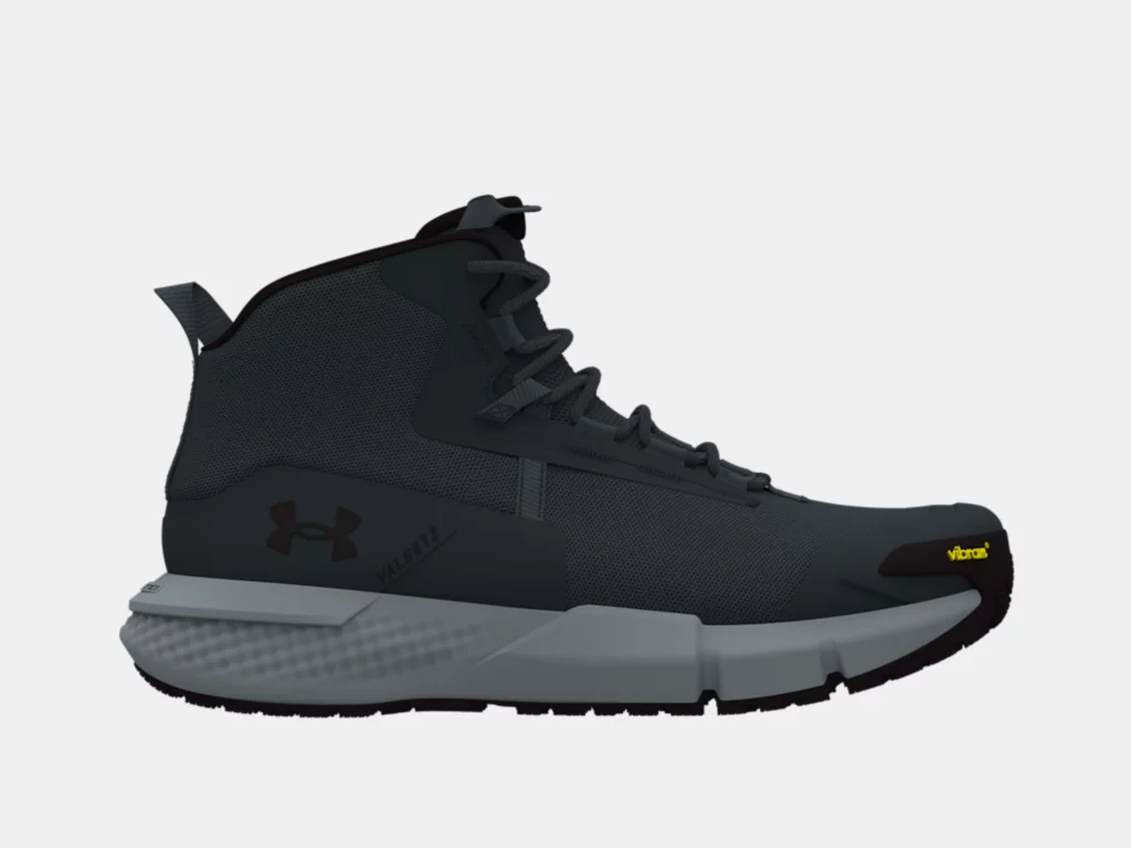 Under Armour UA Charged Valsetz Mid tactical boots in black and gray, featuring a durable synthetic upper and Vibram outsole.