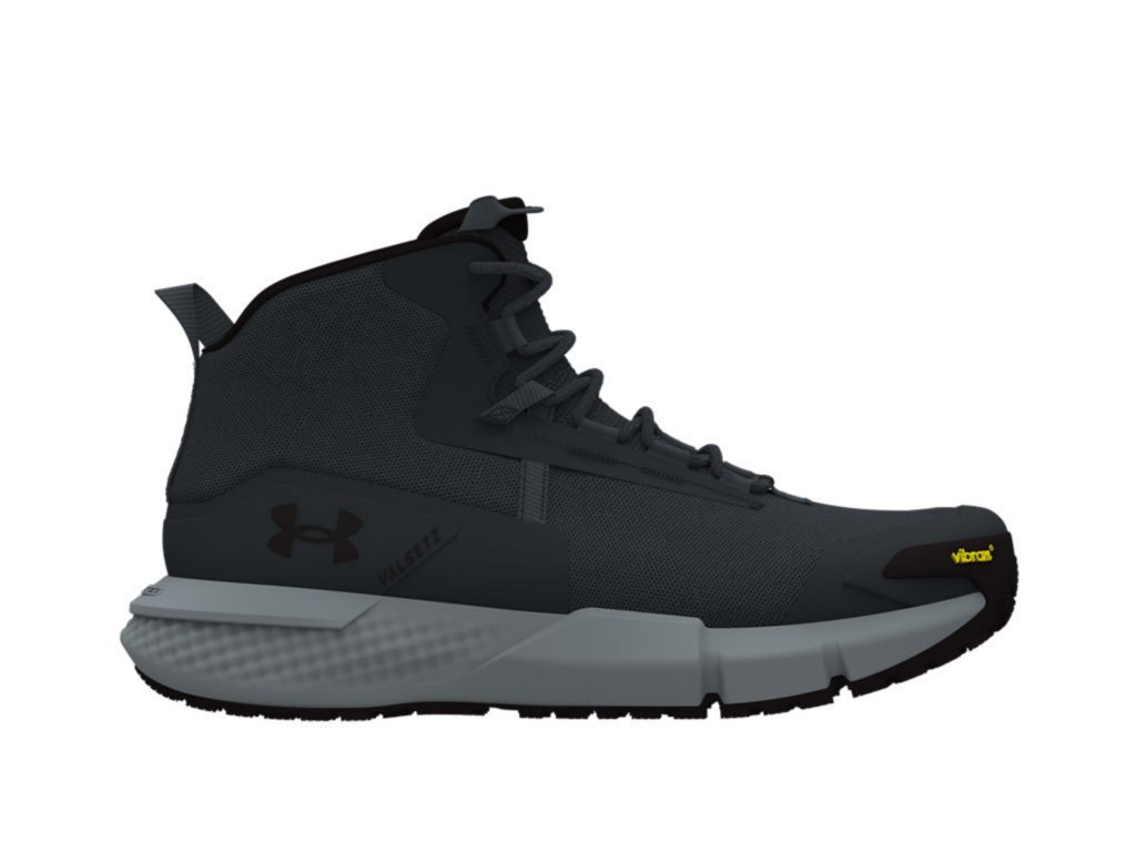 Under Armour UA Charged Valsetz Mid tactical boot showcasing a dark breathable upper and durable Vibram sole for maximum comfort.