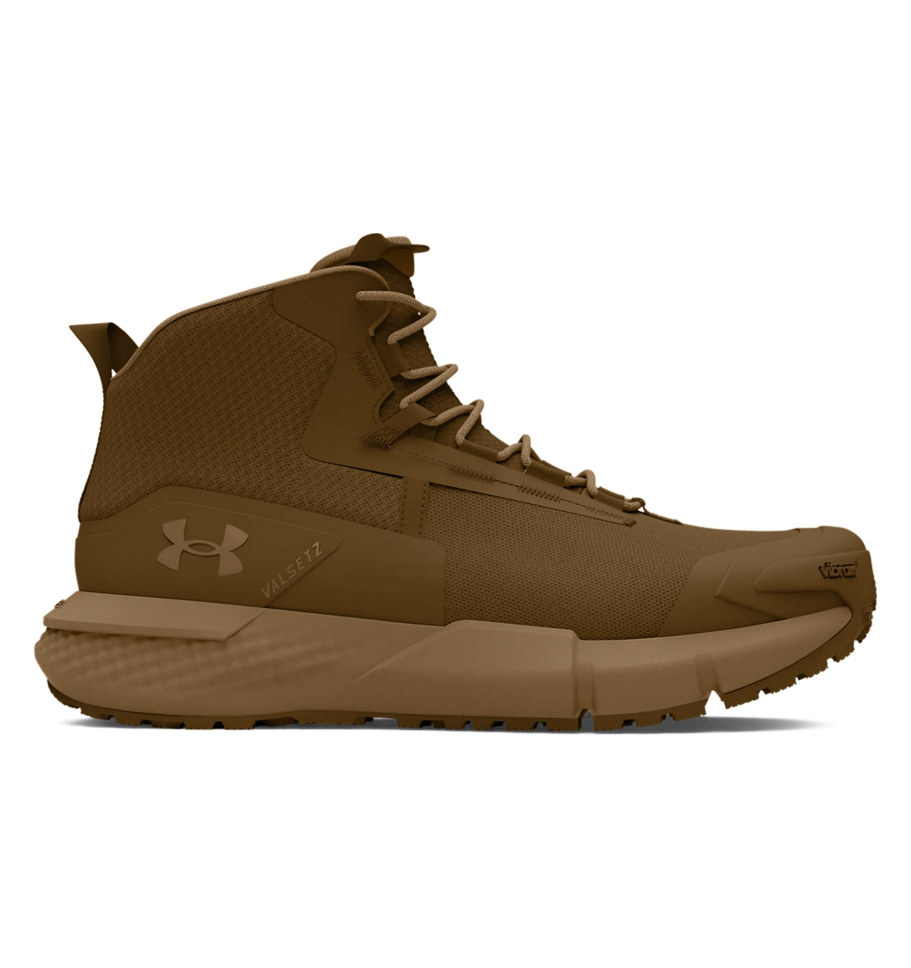 Under Armour UA Charged Valsetz Mid tactical boots in brown, featuring lightweight design and durable construction for comfort.