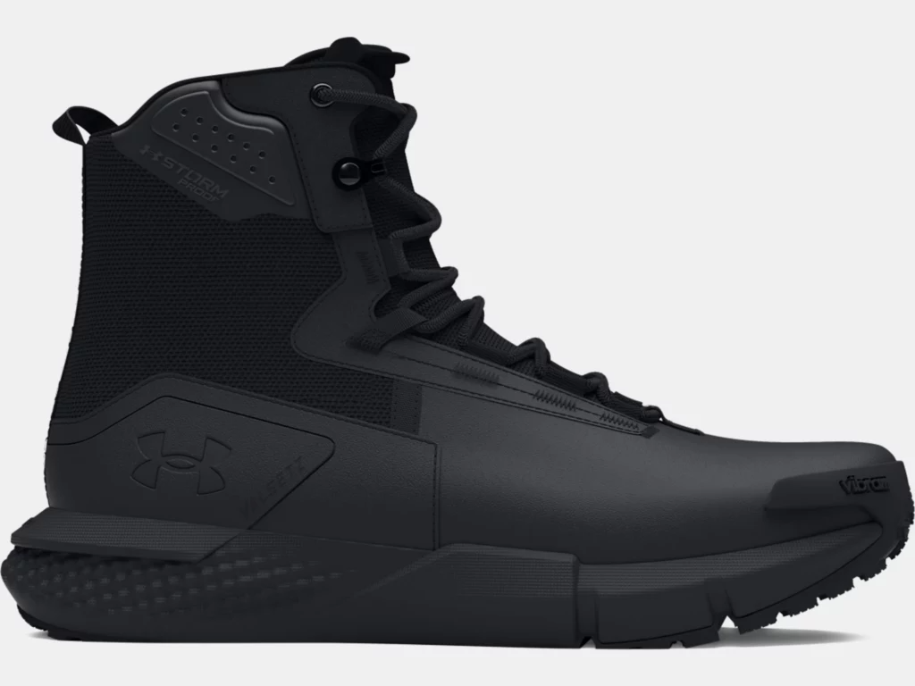 Under Armour Men's UA Valsetz Waterproof Zip Tactical Boots in all-black design, featuring medial zip and durable upper for protection.