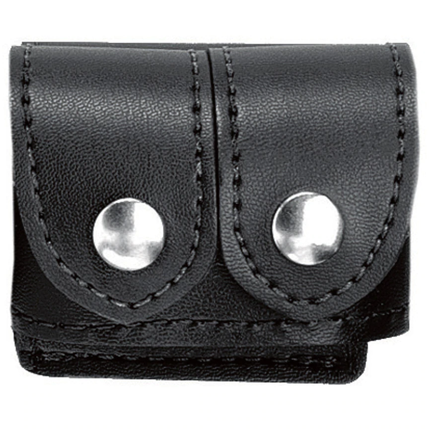 Safariland 340 double speedloader holder in black leather with silver snaps for secure storage on a duty belt.