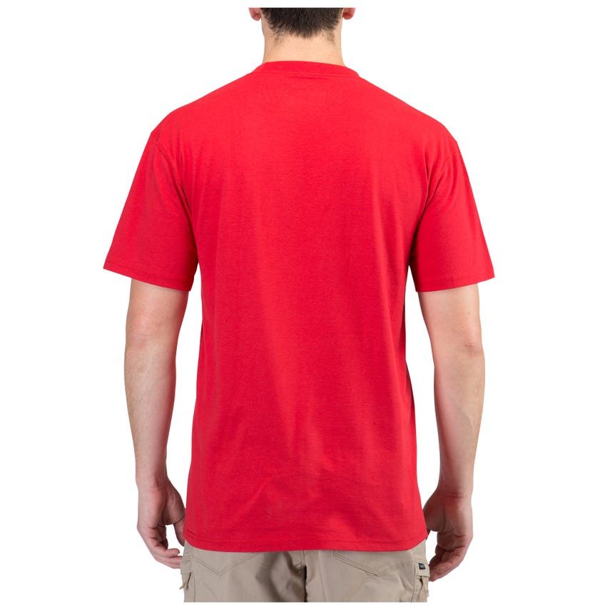 Red t-shirt worn by a person on a white background
