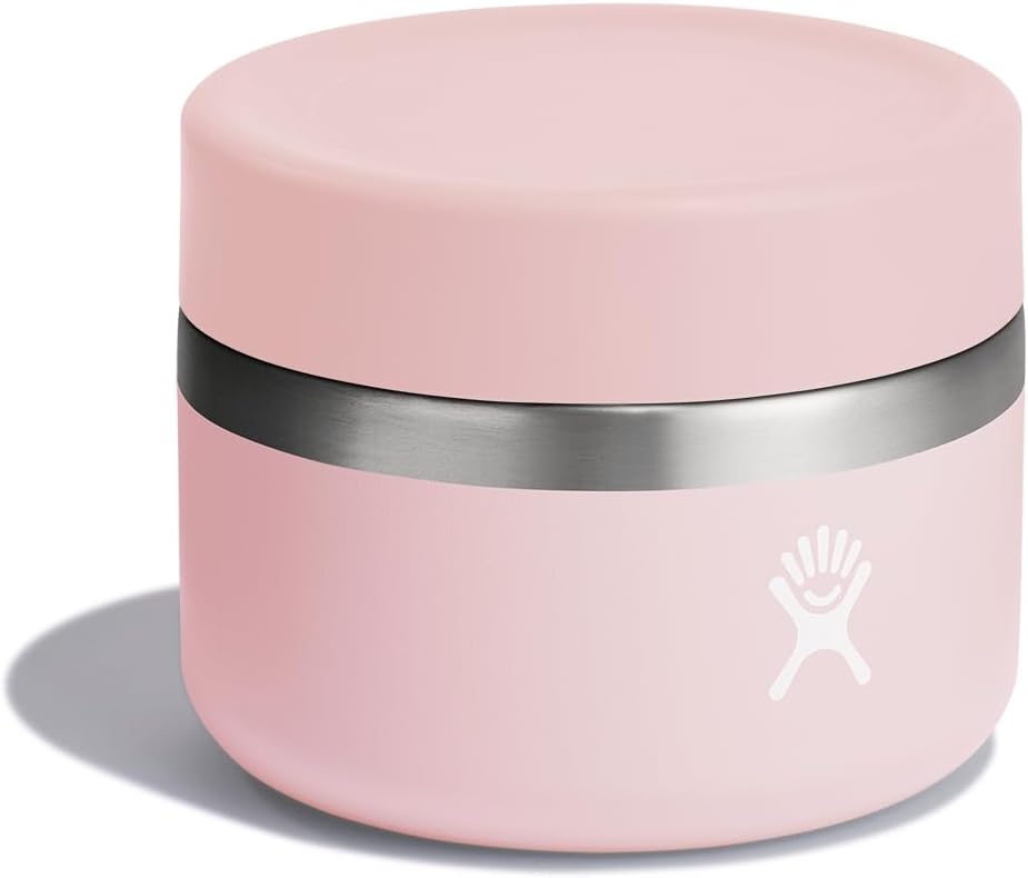 Hydro Flask 12 oz insulated food jar in pink, featuring stainless steel band and durable design for on-the-go meals.