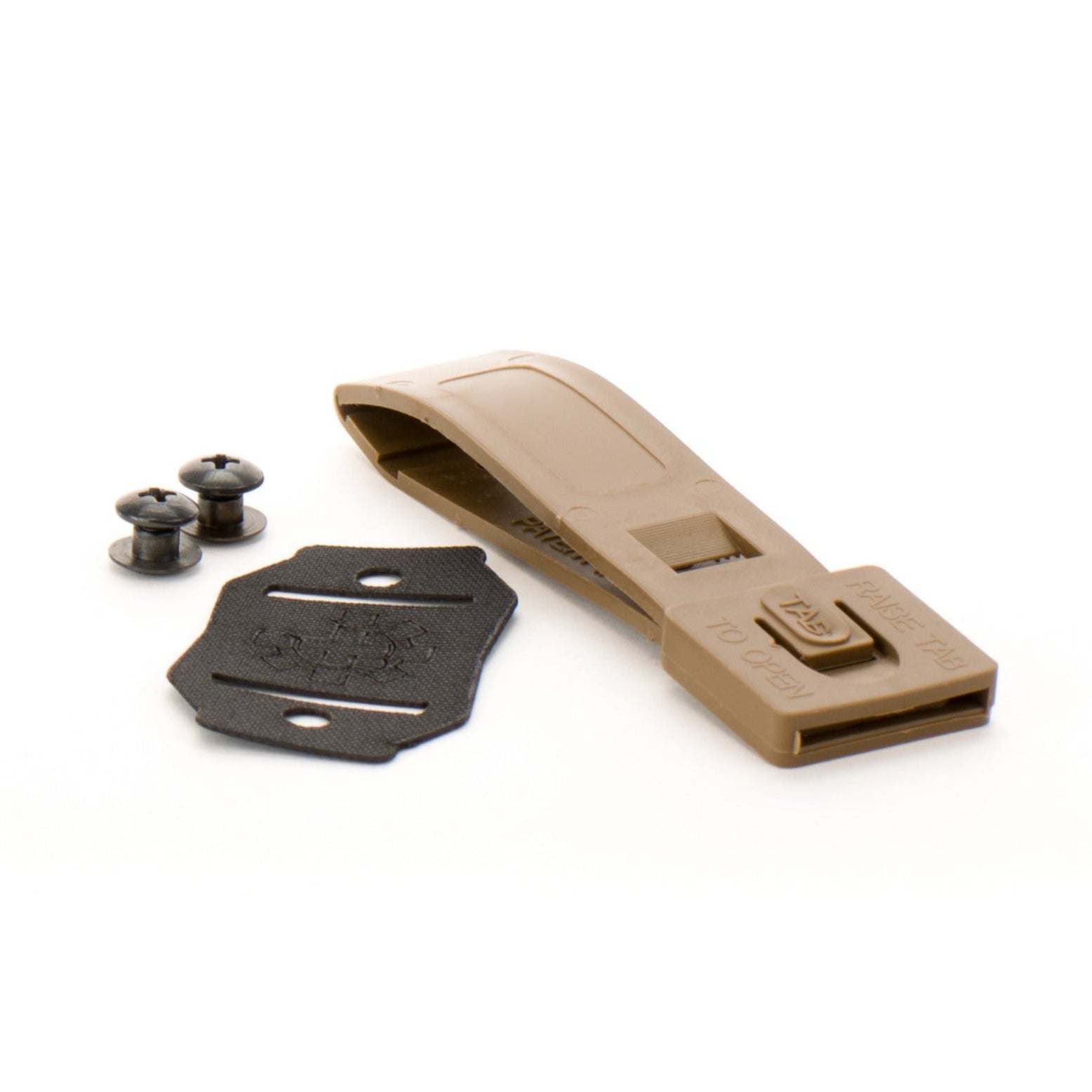 Tan clip with black metal components on a white background