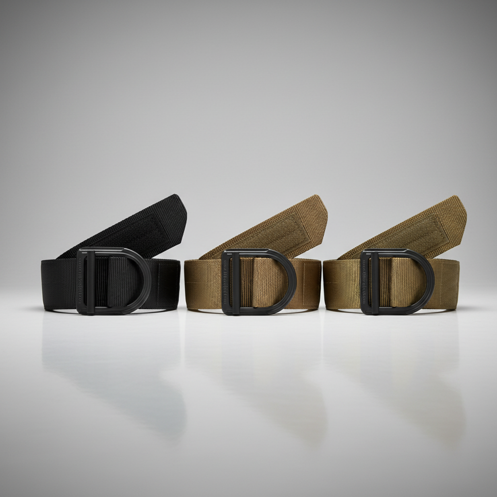 Three belts with black buckles on a gray background