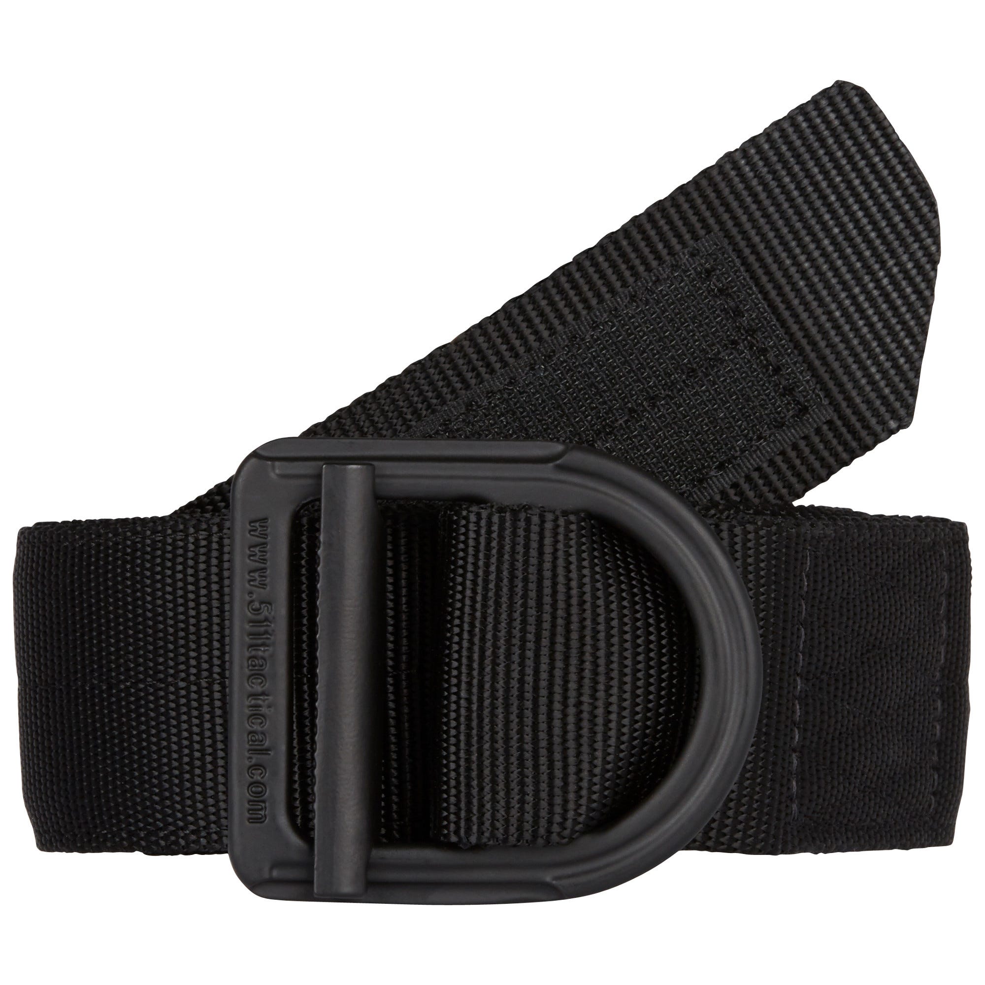 Black belt with a D-ring buckle on a white background