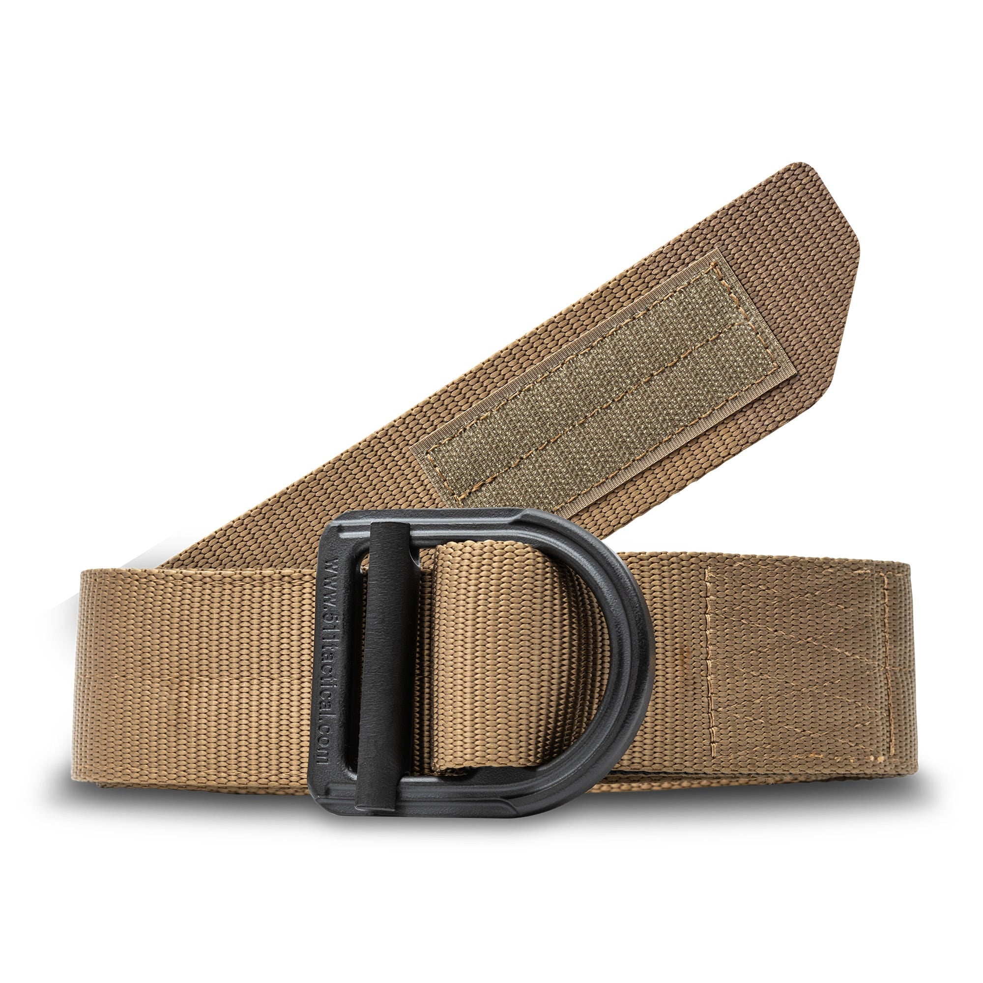 Tan belt with a black buckle on a white background