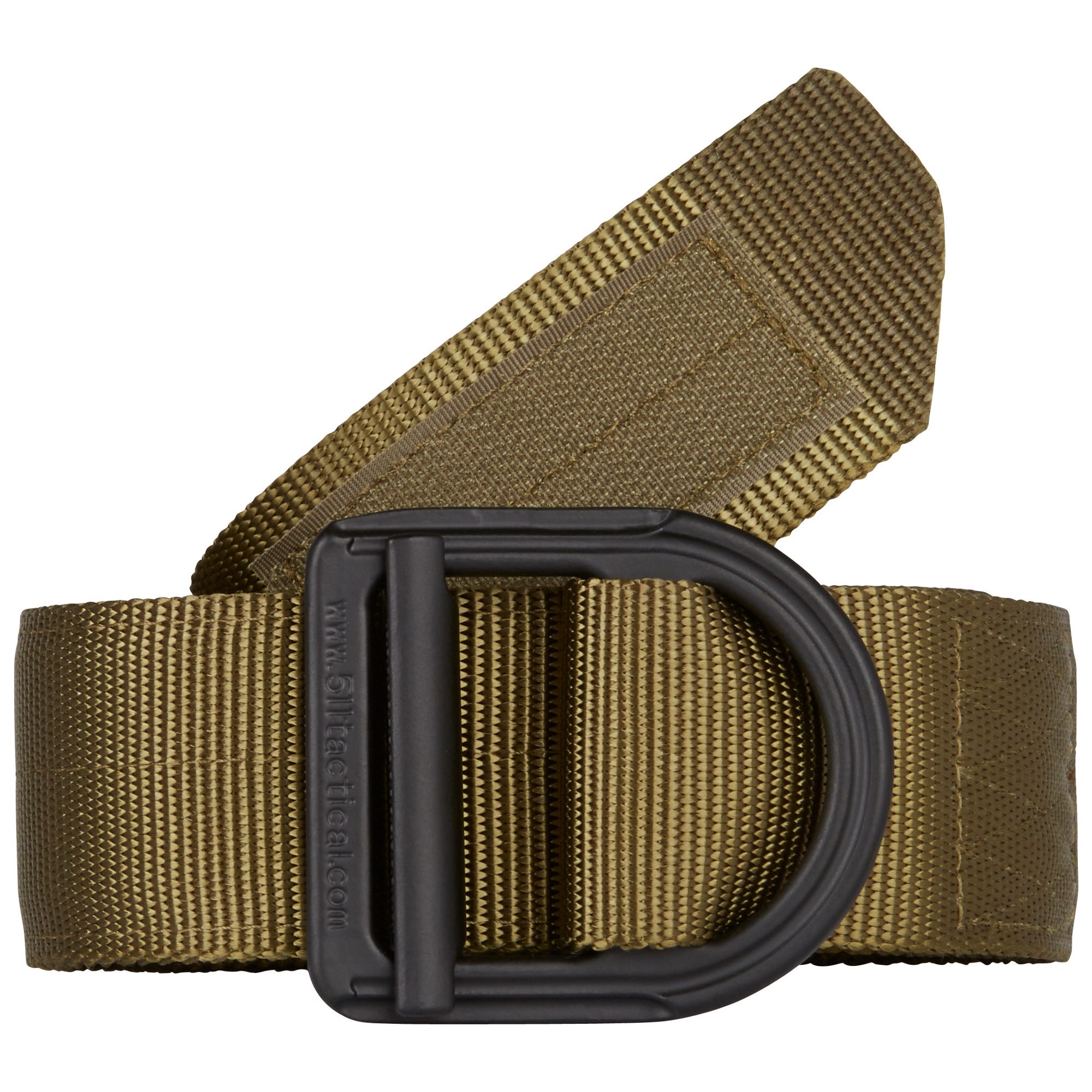 Brown belt with a black D-ring buckle on a white background