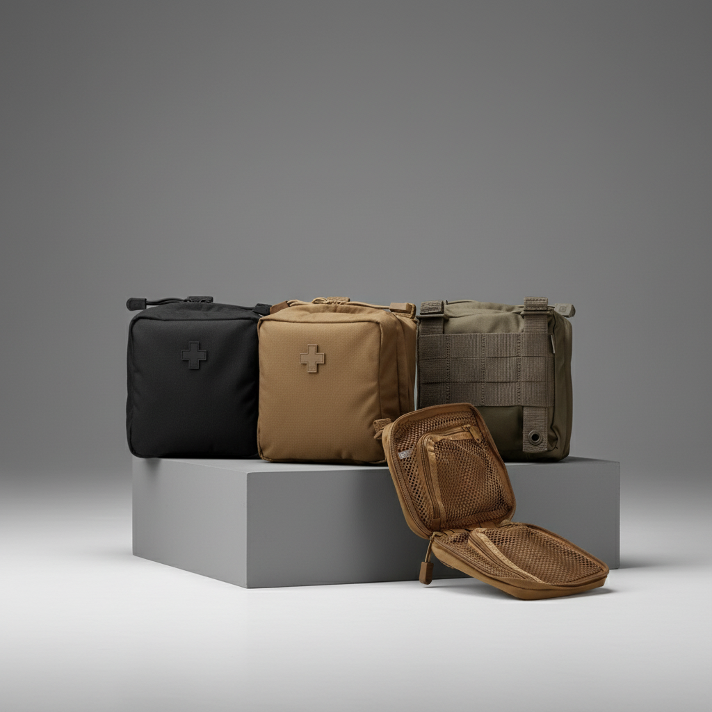 Set of tactical bags in black, brown, and beige on a gray platform with a gray background