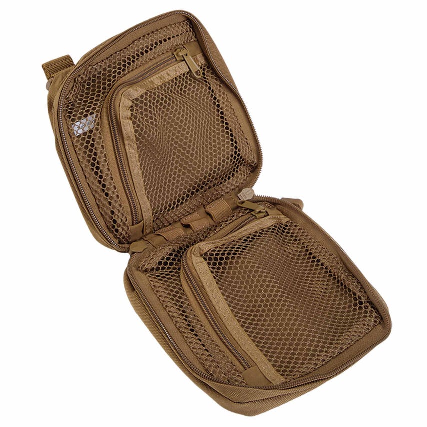 Brown tactical pouch with mesh interior on a white background