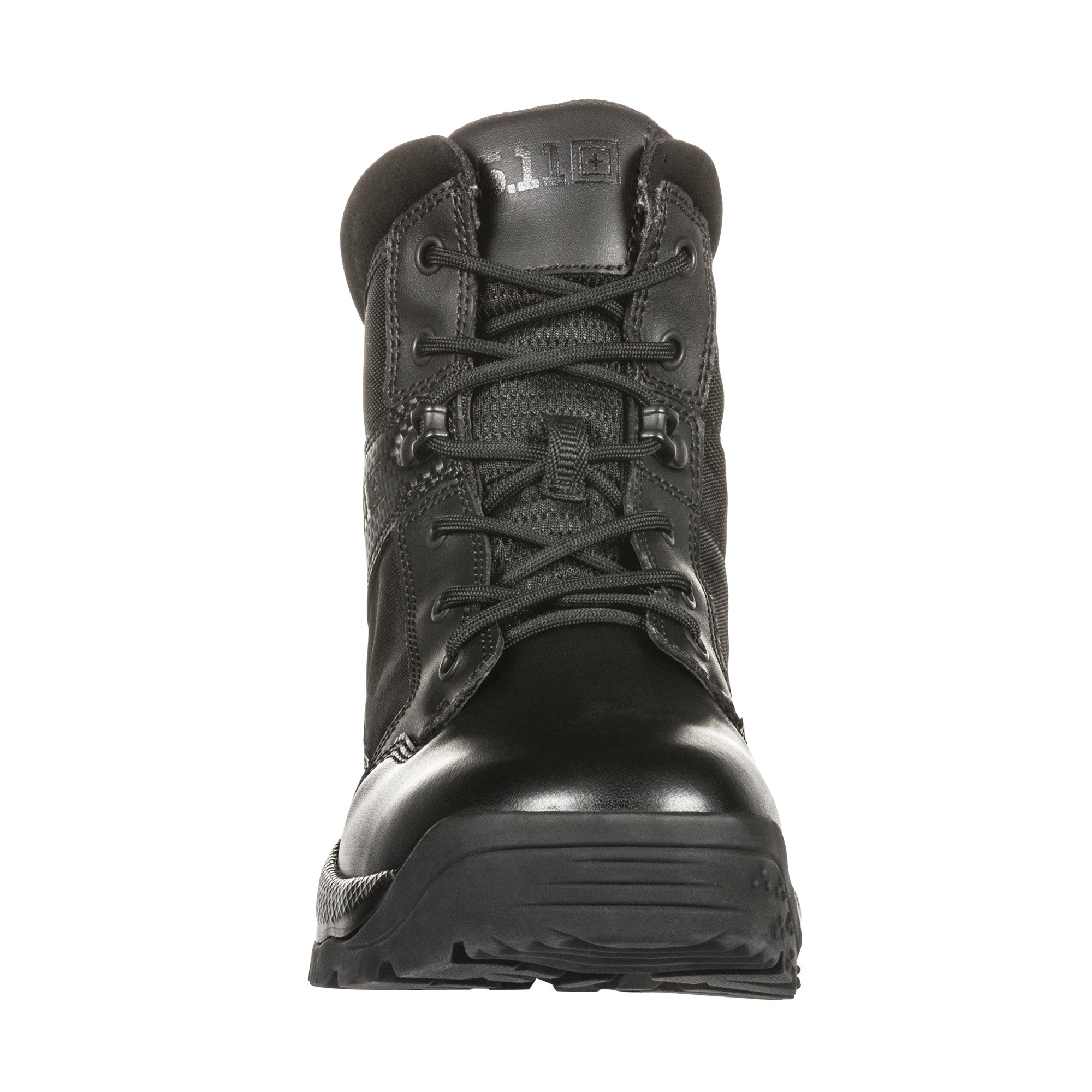 Black work boot with laces on a white background