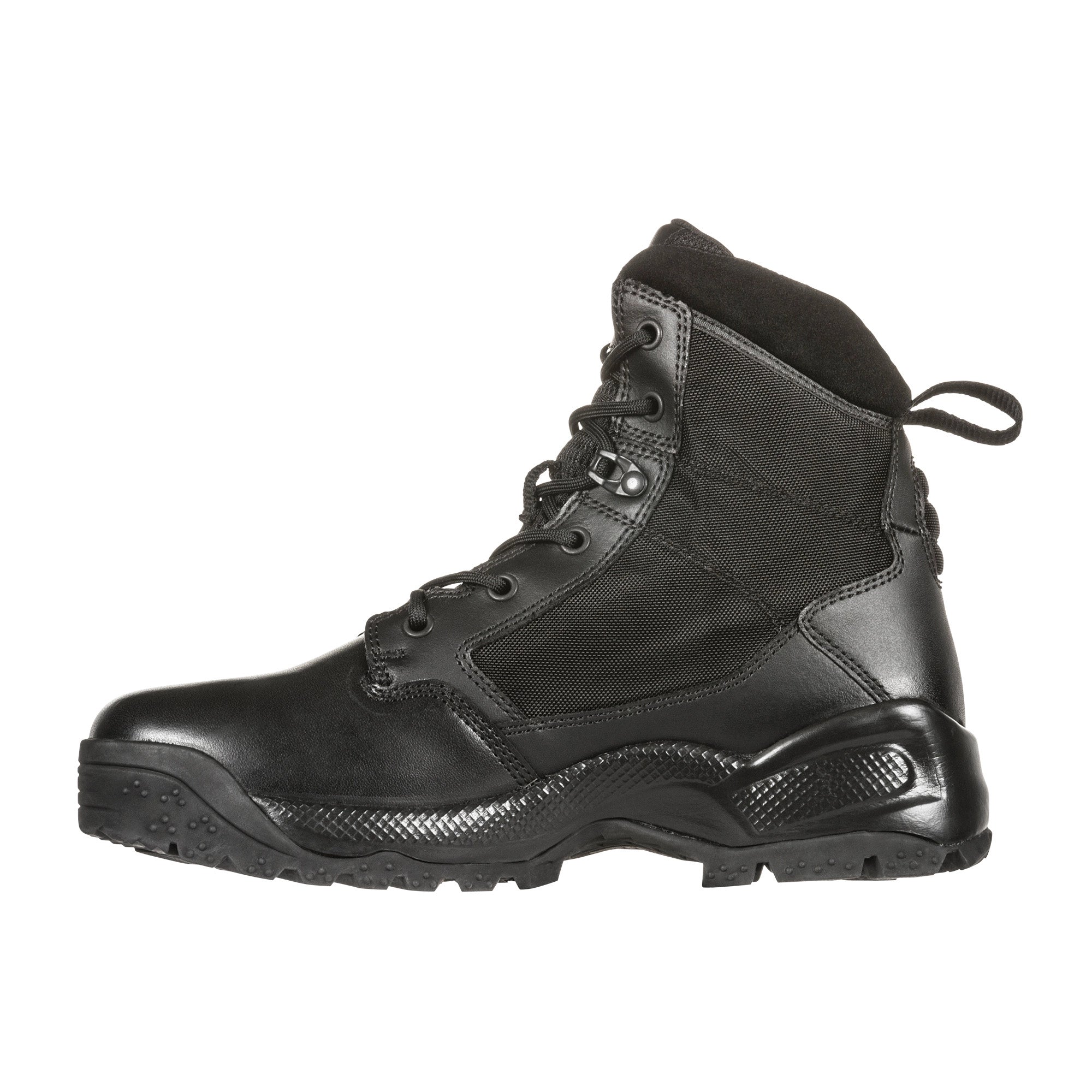 Black tactical boot on a white background