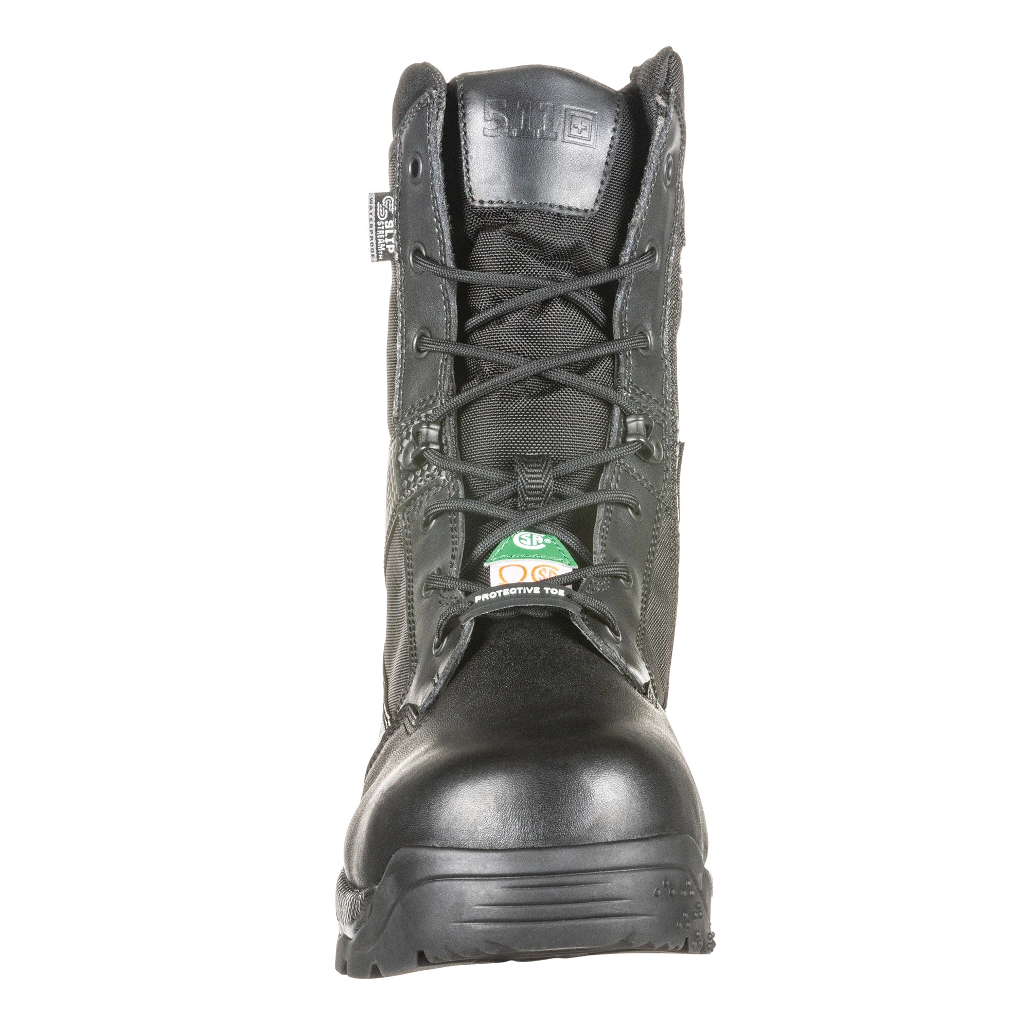 Black safety boot with visible brand logo on a white background