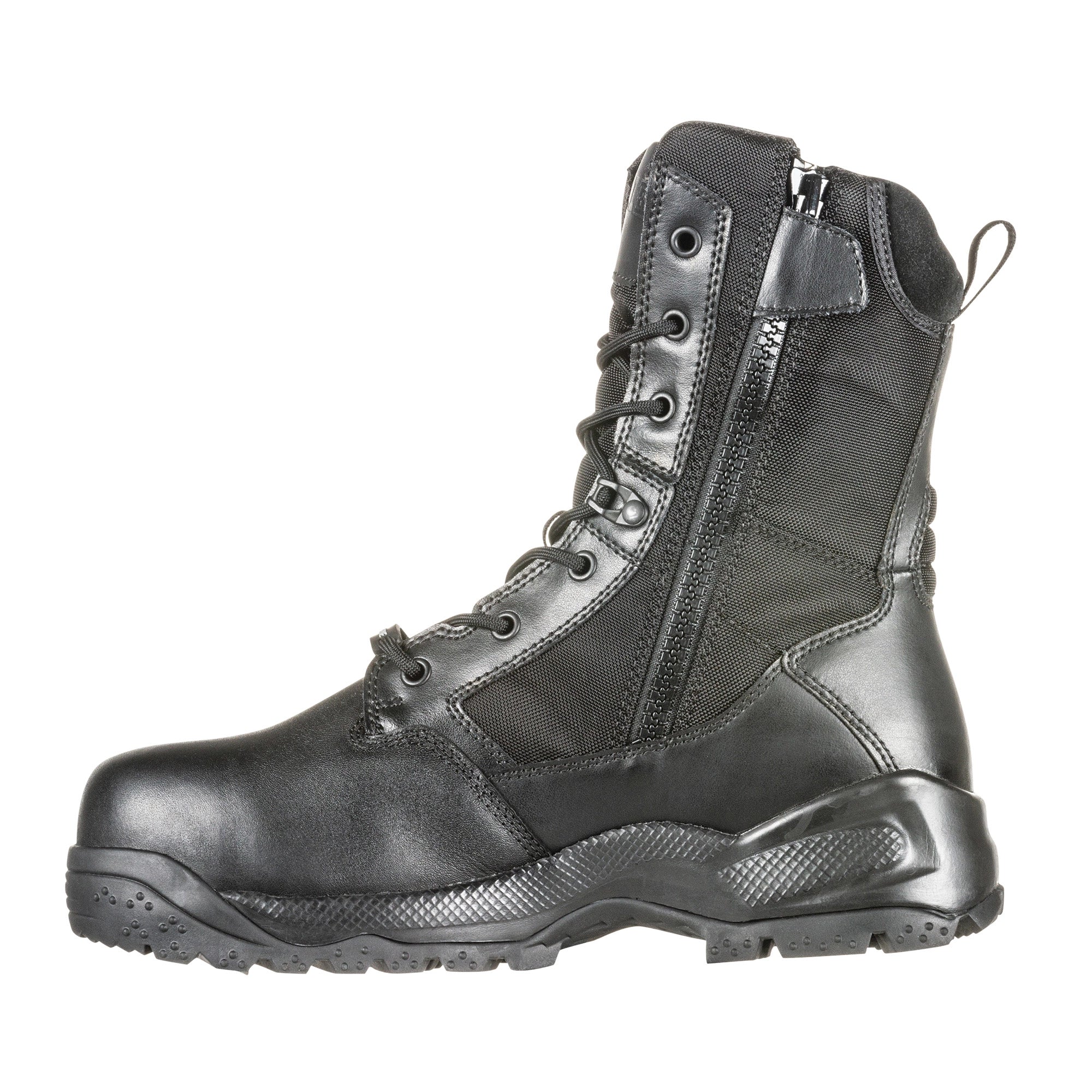 Black tactical boot with a zipper on a white background