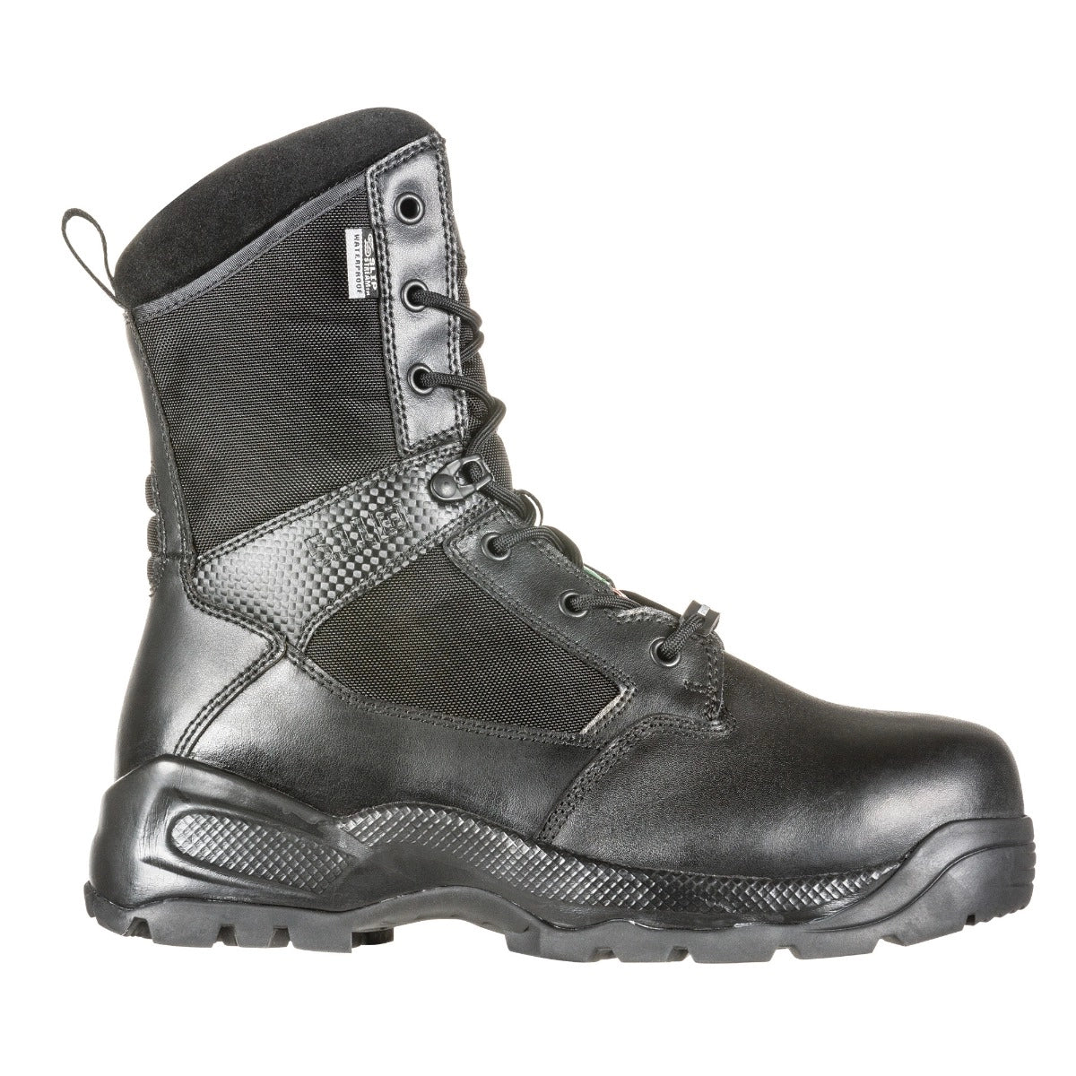 Black tactical boot on a white background