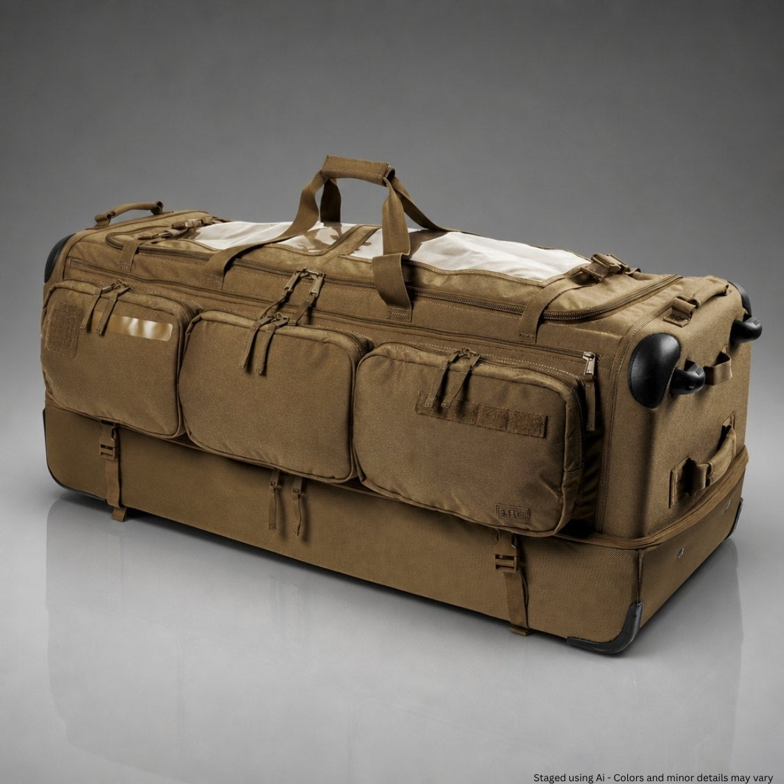 Brown tactical duffel bag on a gray background