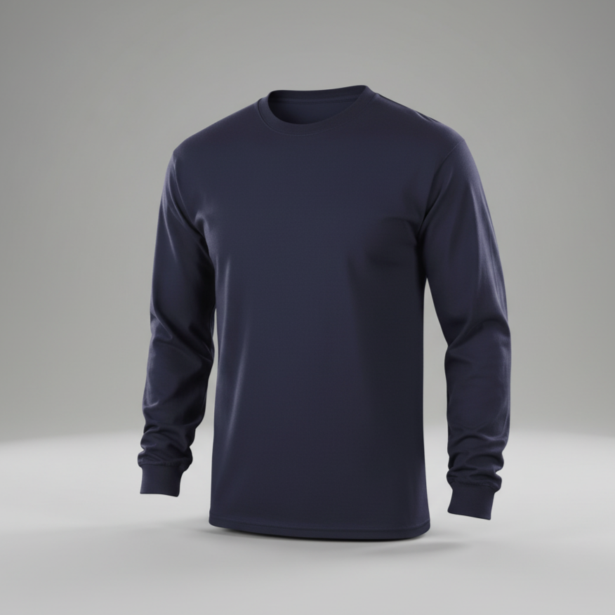 Navy long-sleeve shirt on a gray background