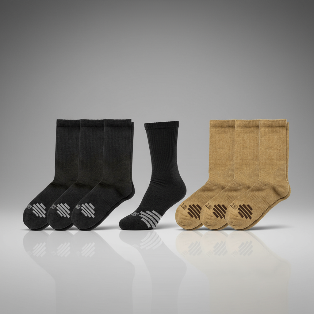 5.11 Tactical Duty Ready Plus Crew Socks 3-Pack MPN 10044 in Black and Dark Coyote stacked in three pair sets